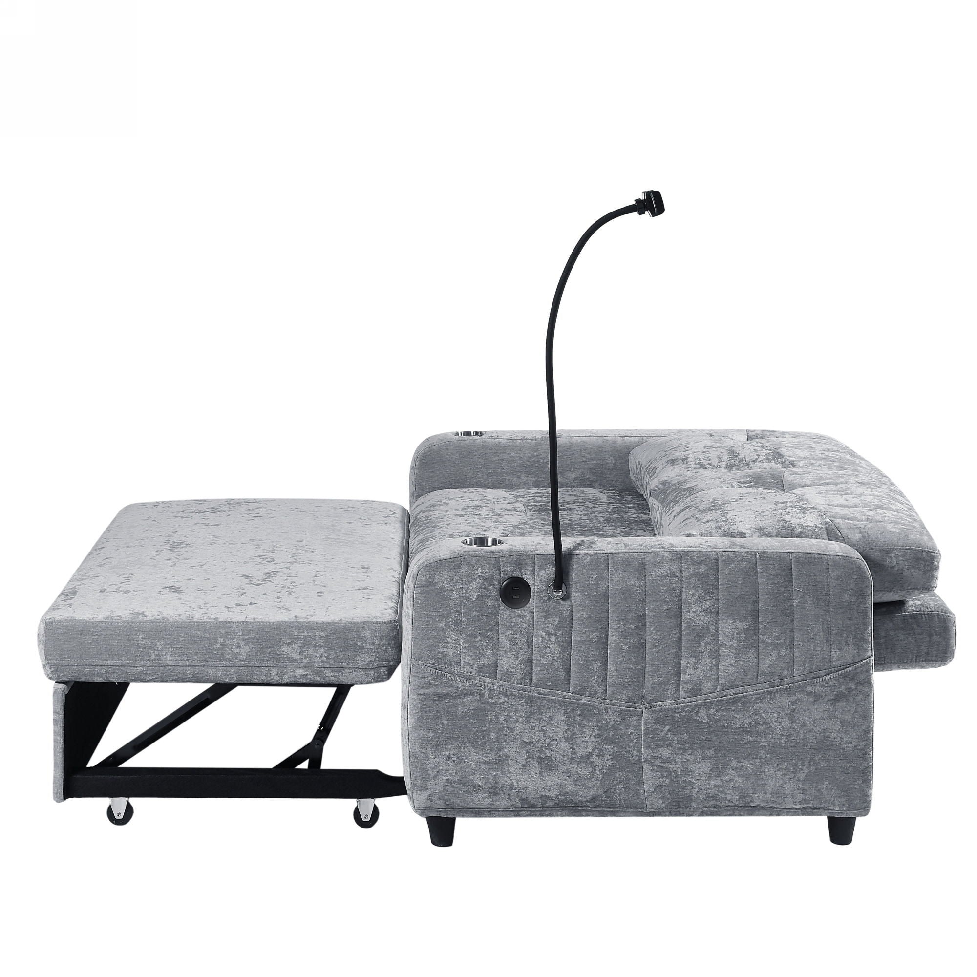 Modern Loveseat Pull Out Sofa Bed With Adjustable Backrest, Two Cup Holders, A Phone Holder, Three Charging Ports And Side Storage Pockets For Living Room