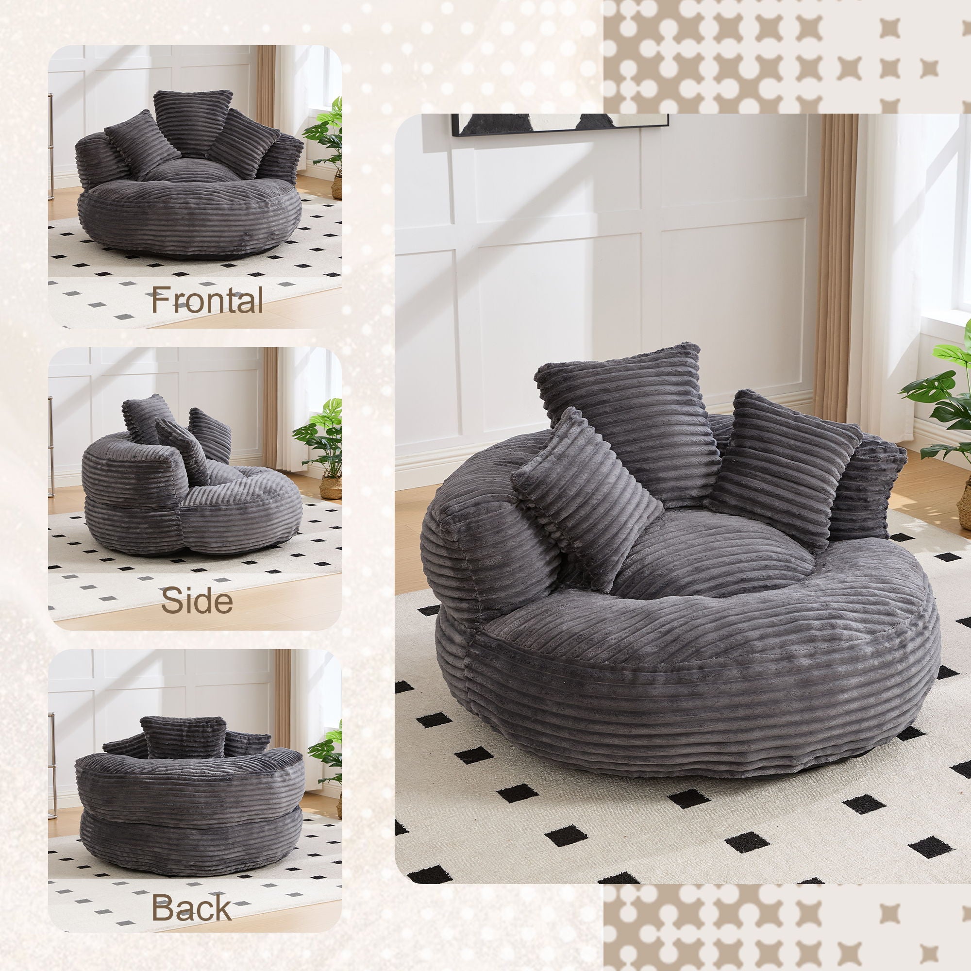 Oversized Bean Bag Chair With 3 Pillows & Armrest - Dark Gray