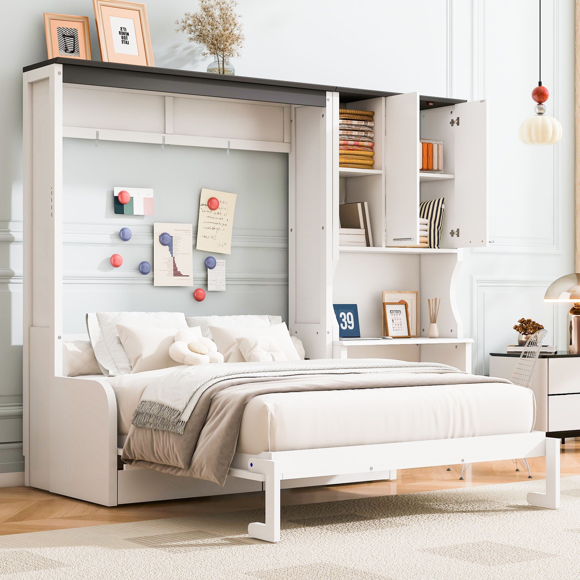 Multi Functional Murphy Bed With Sofa, Desk, And Storage Cabinet In, Full Size - White