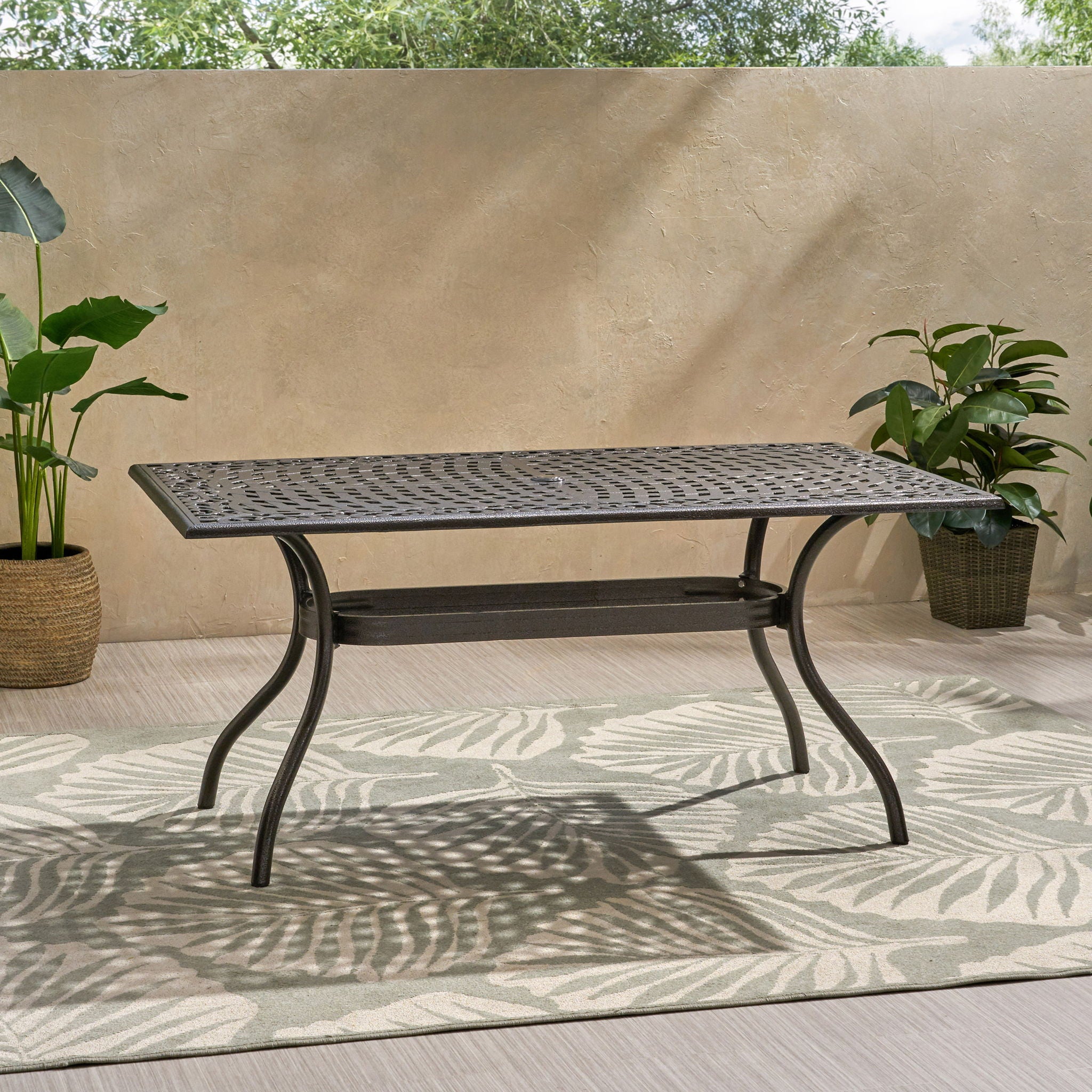 Celestine - Outdoor Cast Aluminum Dining Table With Floral Lattice Design And Umbrella Holder