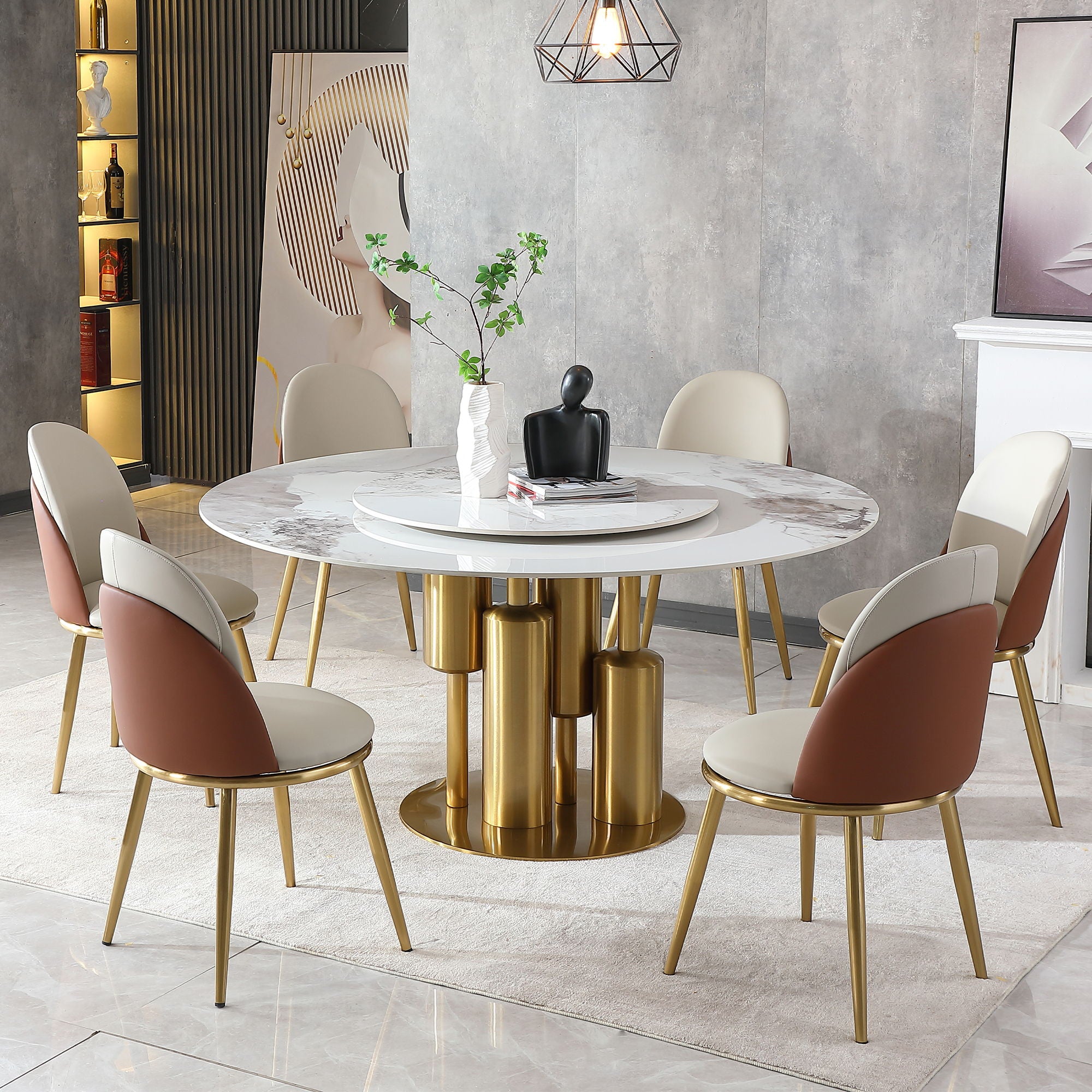 Round Stone Burning Table, Modern Marble Dining Table With Chairs