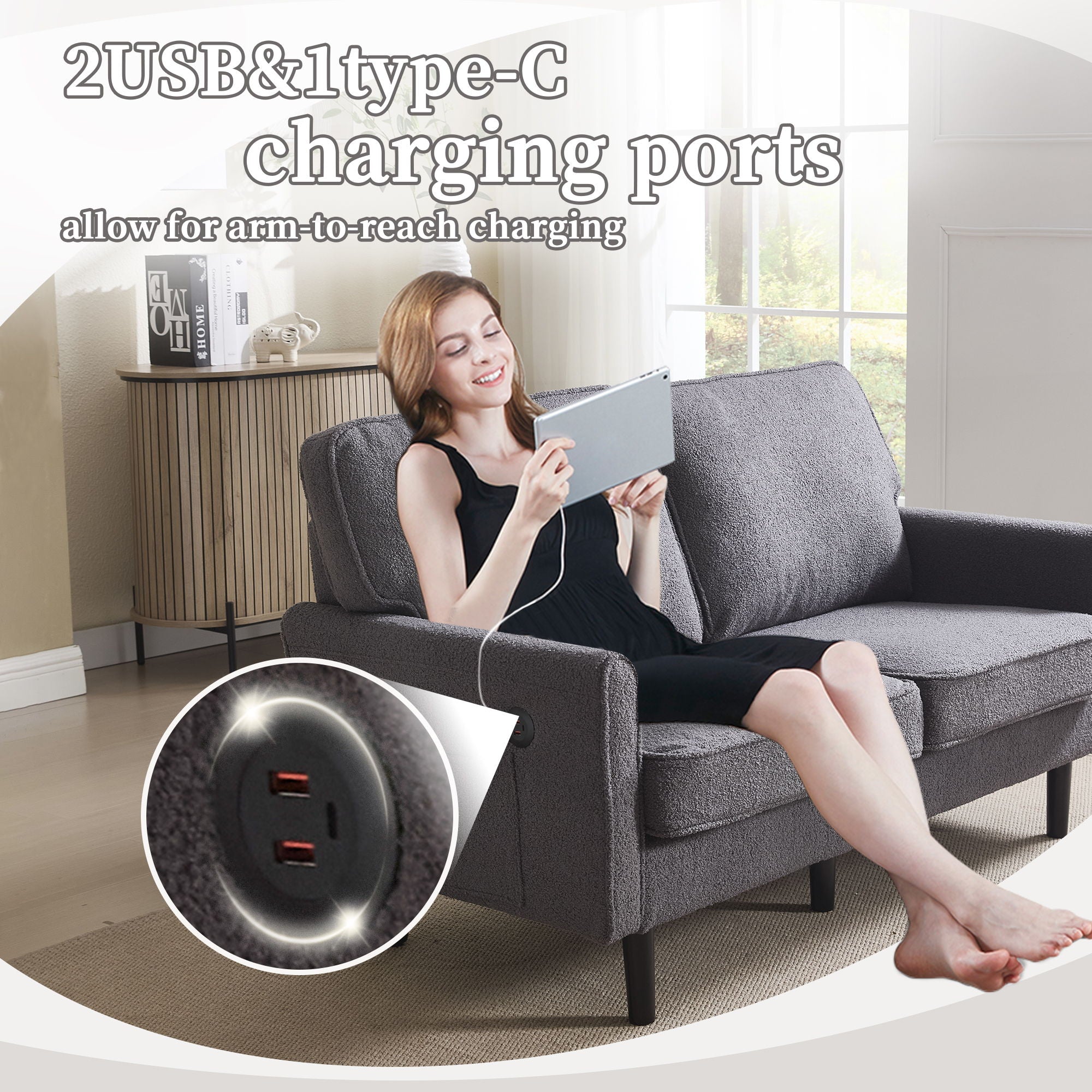 Mid Century Modern Loveseat Sofa With USB Ports, Removable Pillow Cover