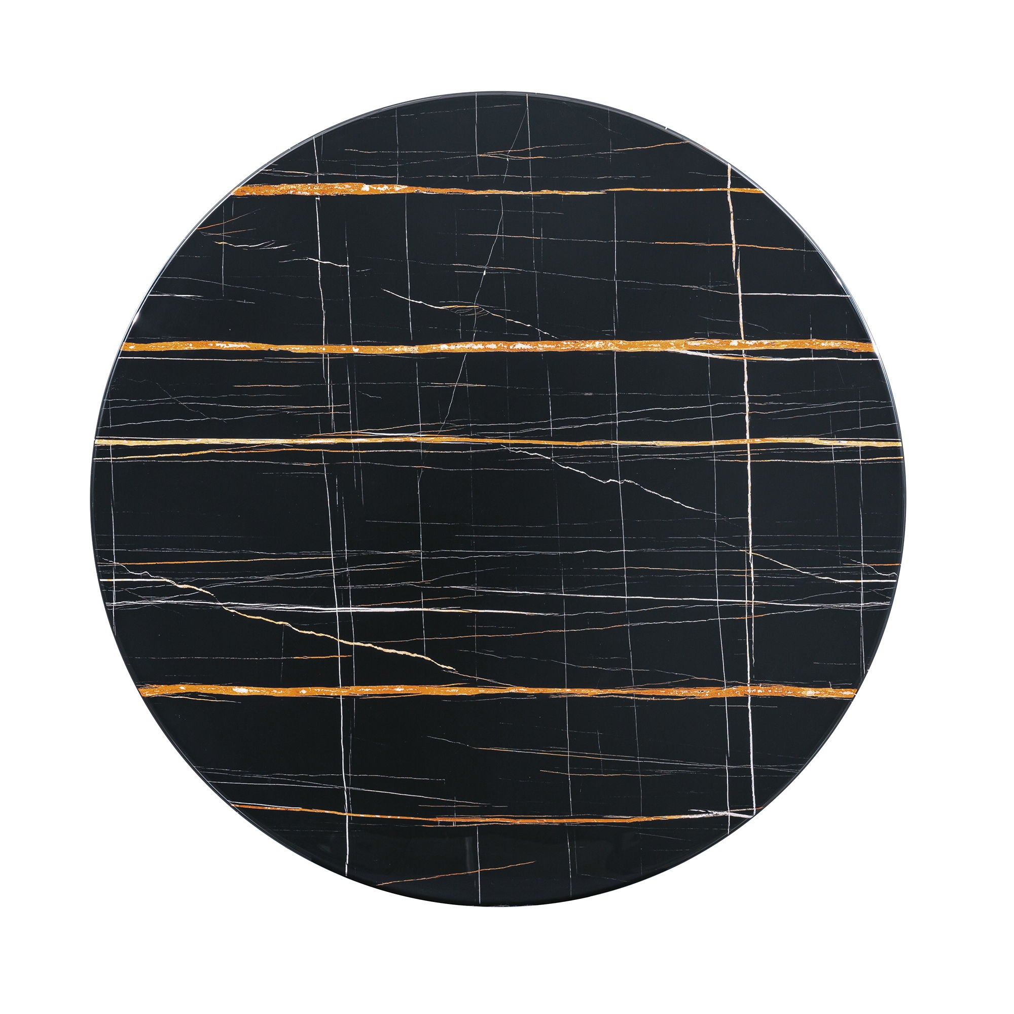 Marble Printed Round Dining Table - Black Columnar Base With Gold Annulus Not Including Chairs - Black