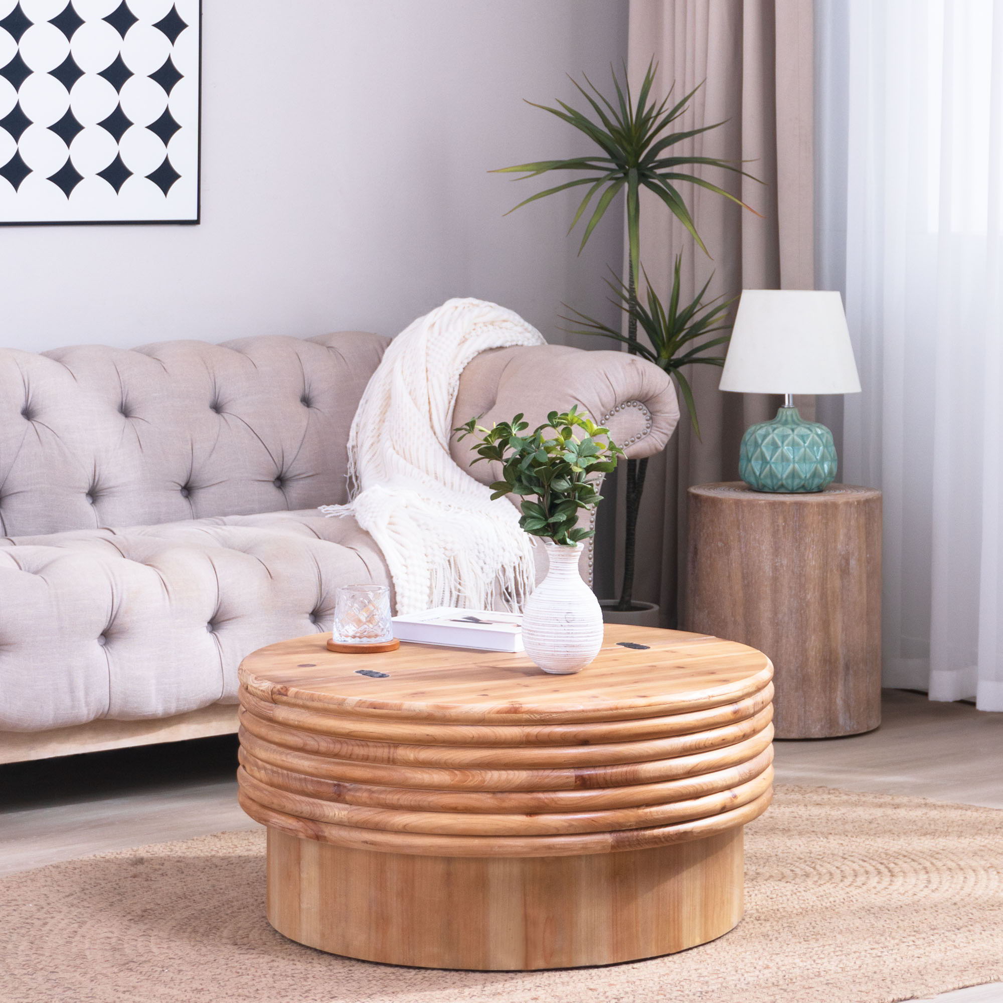 Round Wooden Coffee Table With Hidden Storage, Modern Rustic Centerpiece For Living Room - Multi / Natural / Rustic