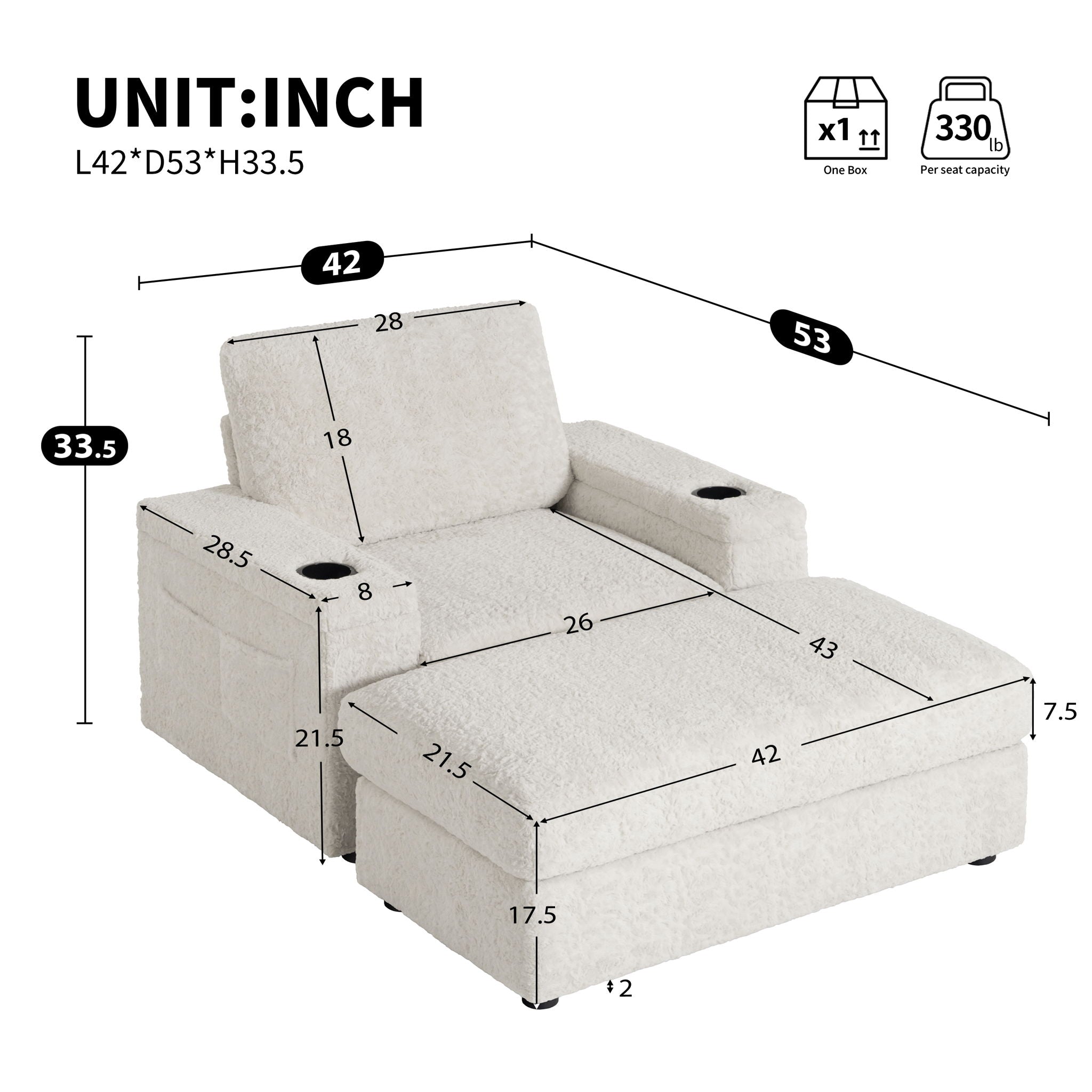 Oversized Chaise Lounge Indoor Rabbit Fur Sofa Bed With Storage Ottoman And Armrests Cup Holders With Deep Seat