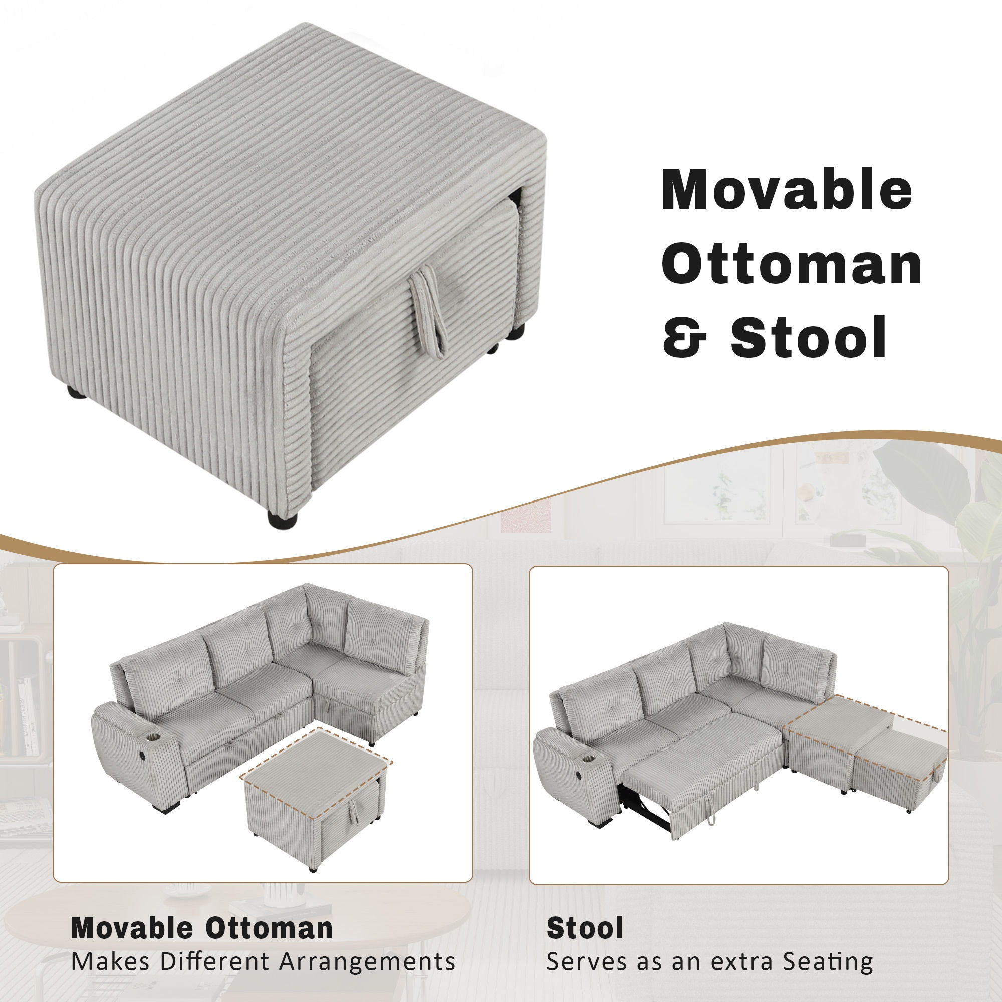 Pull-Out L-Shaped Sectional Sofa With Movable Ottoman And Stool, Large Storage Space, A Cup Holder, And 2 USB Ports For Living Room
