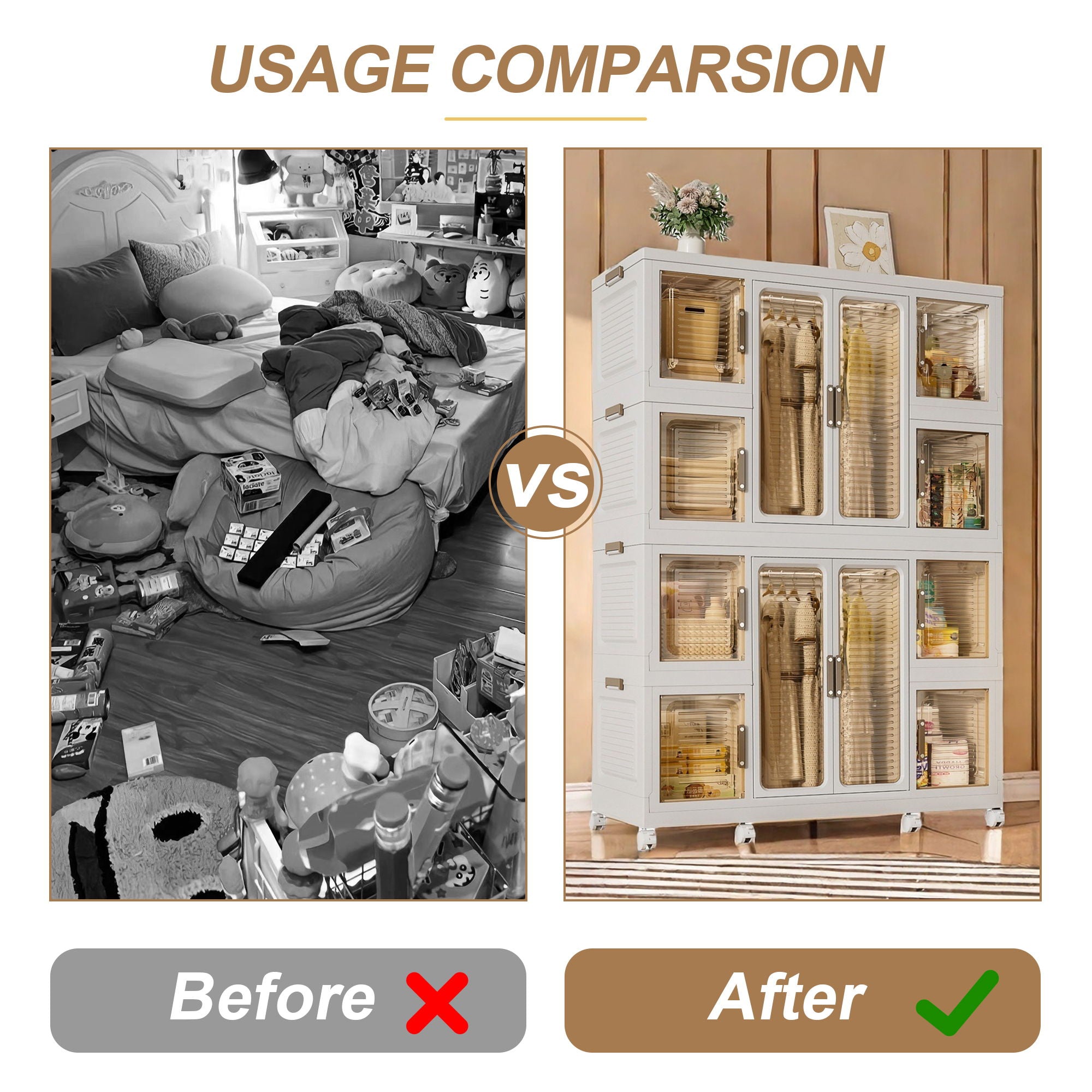 Portable Wardrobe Closet Storage Organizer For Clothes With Magnetic Doors, 12 Cubes & 2 Hanging Rods - White