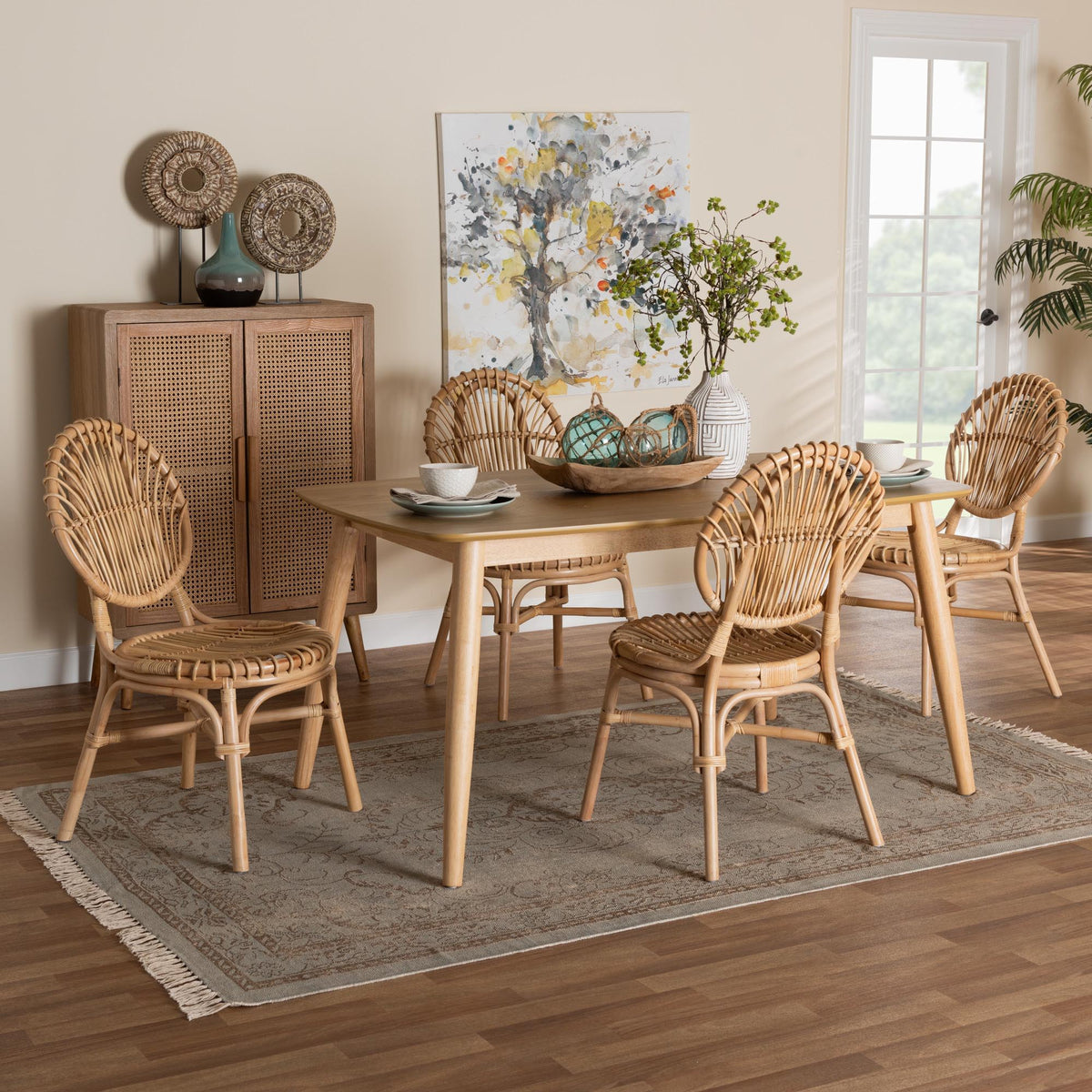 Iris Modern Bohemian Natural Brown Rattan 5-Piece Dining Set