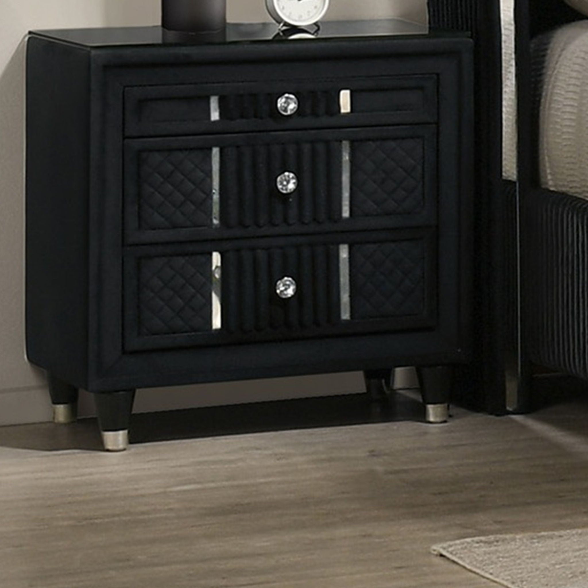 1 Piece Nightstand Upholstery Textured Look Luxurious Feel Drawer Fronts Crystal Style Knobs - Black