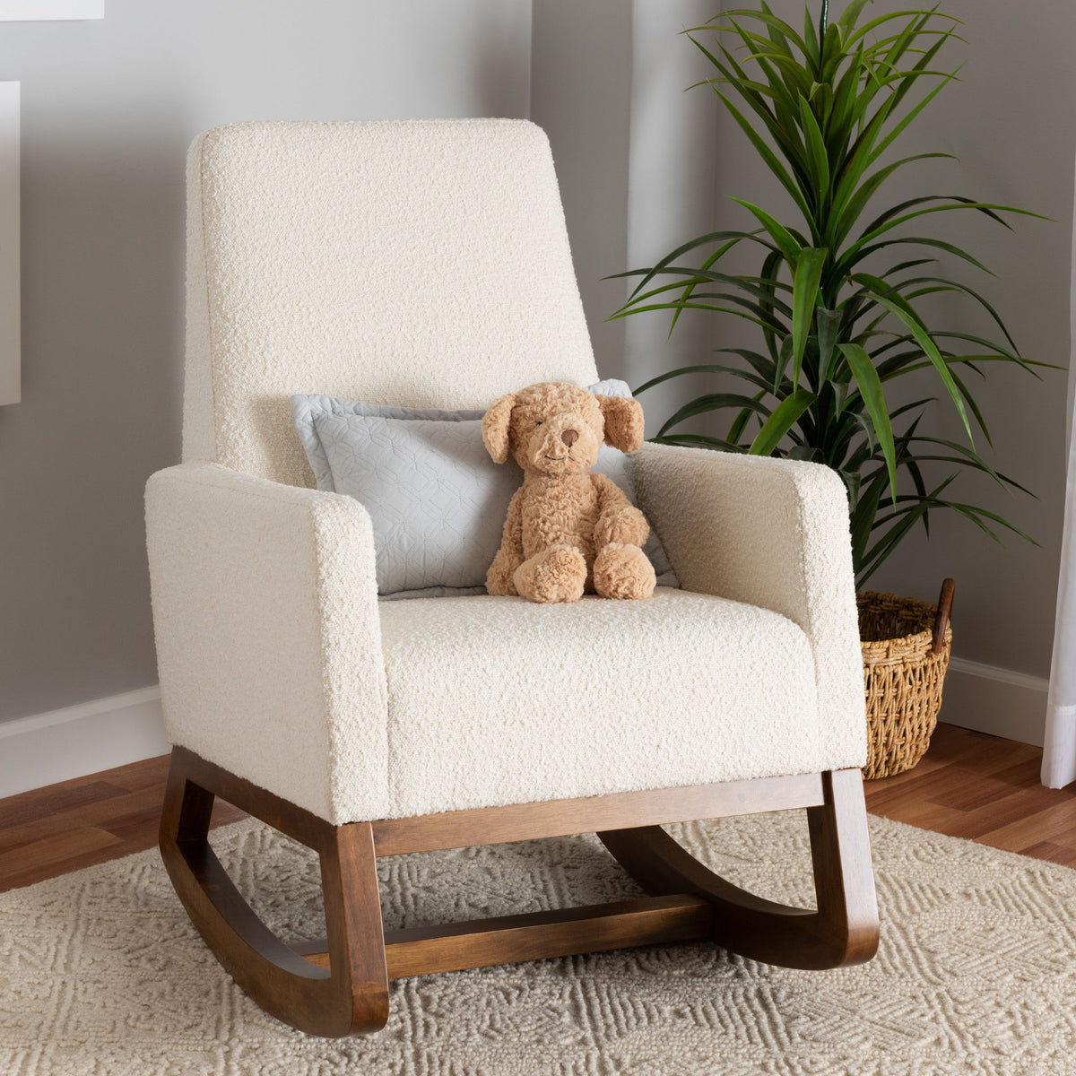 Yashiya Mid-Century Modern Off-White Boucle Upholstered and Walnut Brown Finished Wood Rocking Chair
