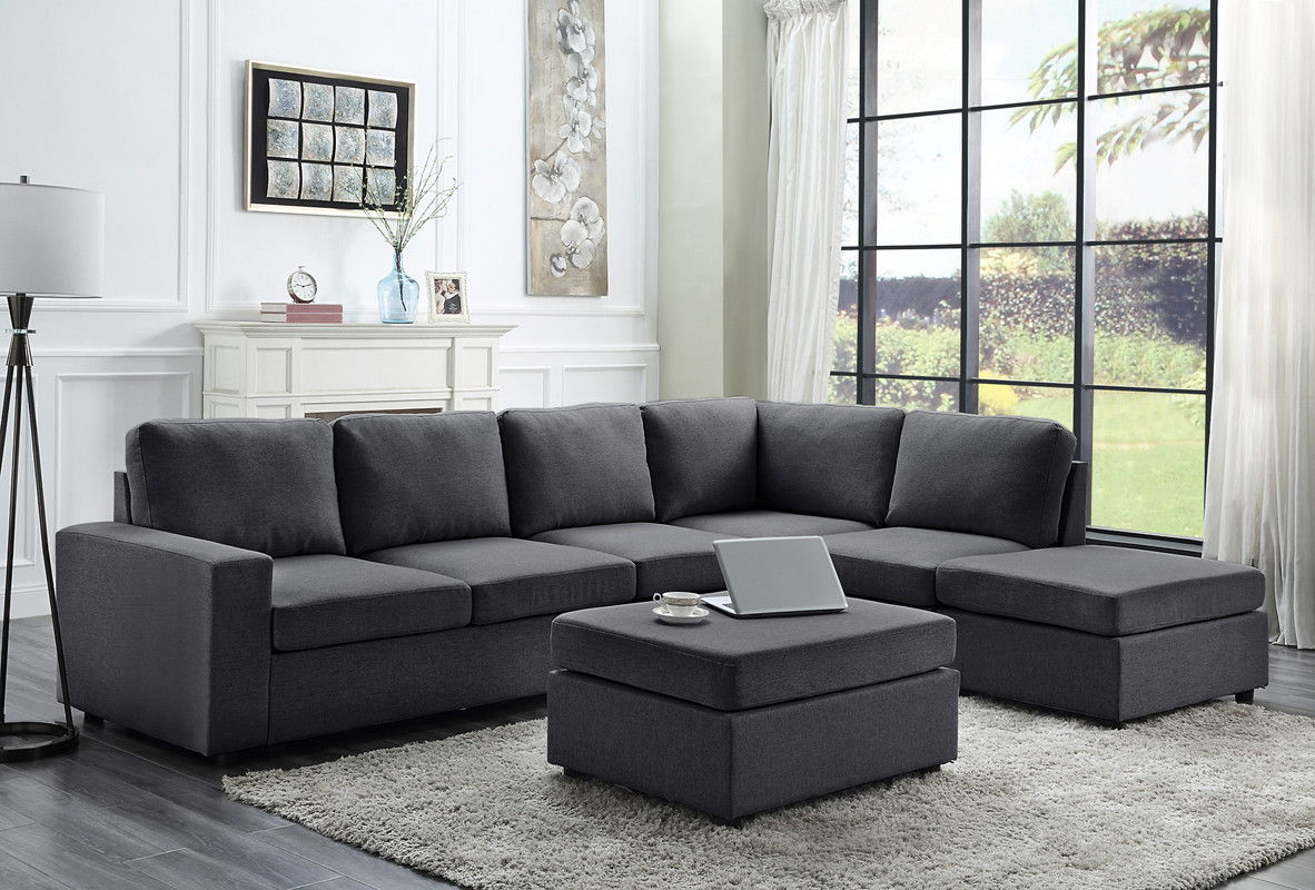 Cassia 120"W Modular Sectional Sofa with Ottoman in Dark Gray Linen