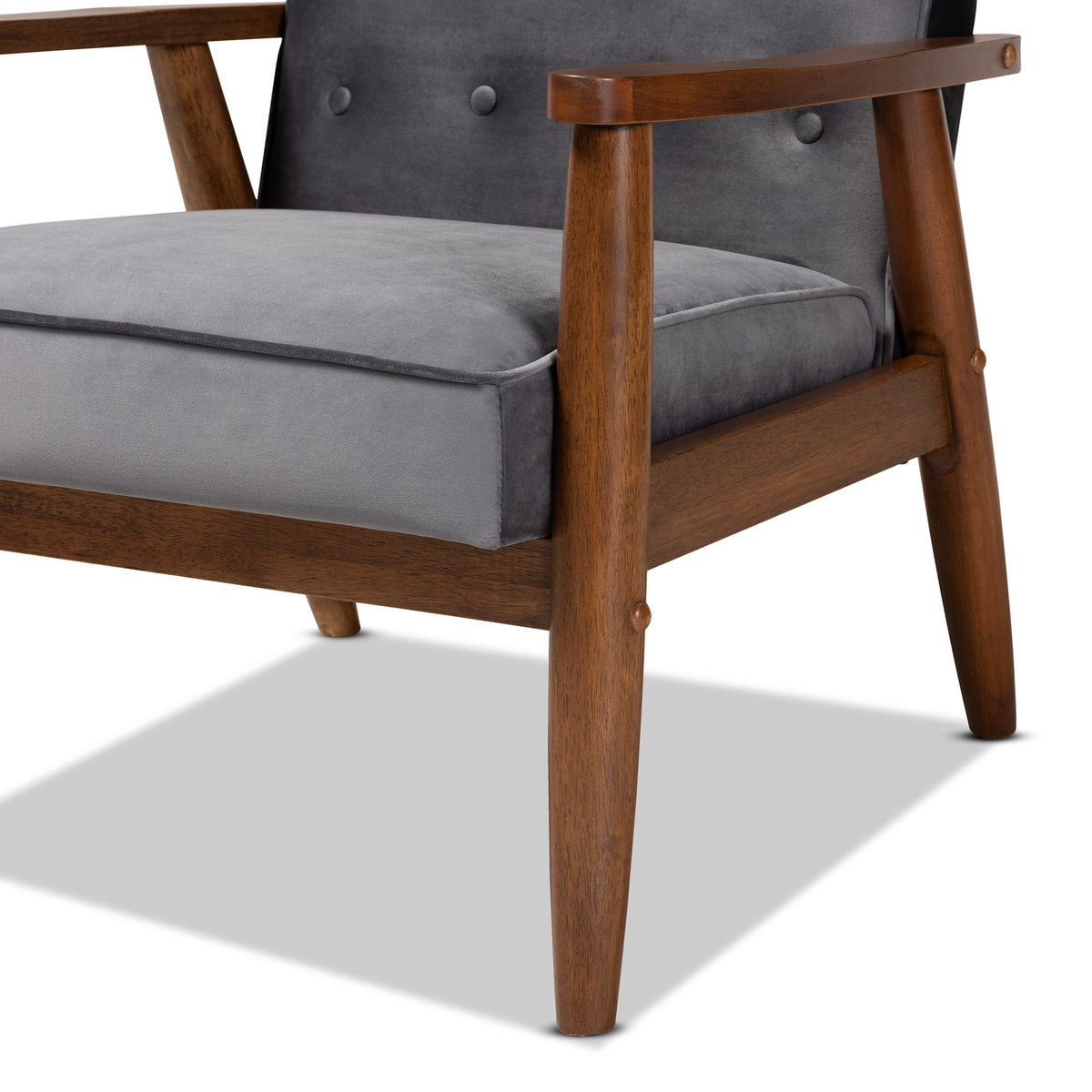 Sorrento Mid-century Modern Grey Velvet Fabric Upholstered Walnut Finished Wooden Lounge Chair