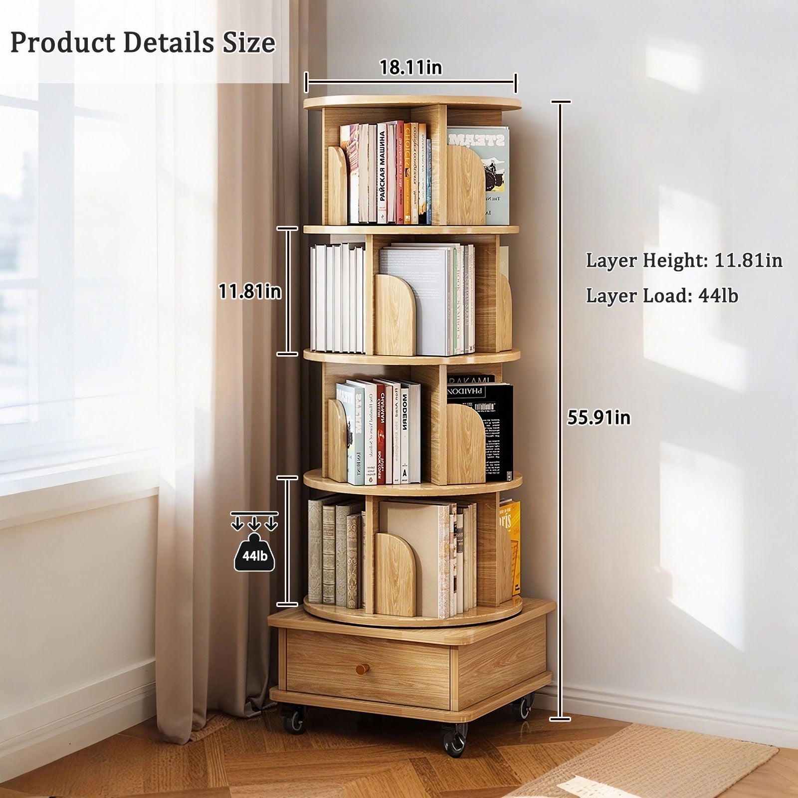 Rotating Bookshelf With Wheels And Drawer, 360° Spinning Design, Space Saving Storage