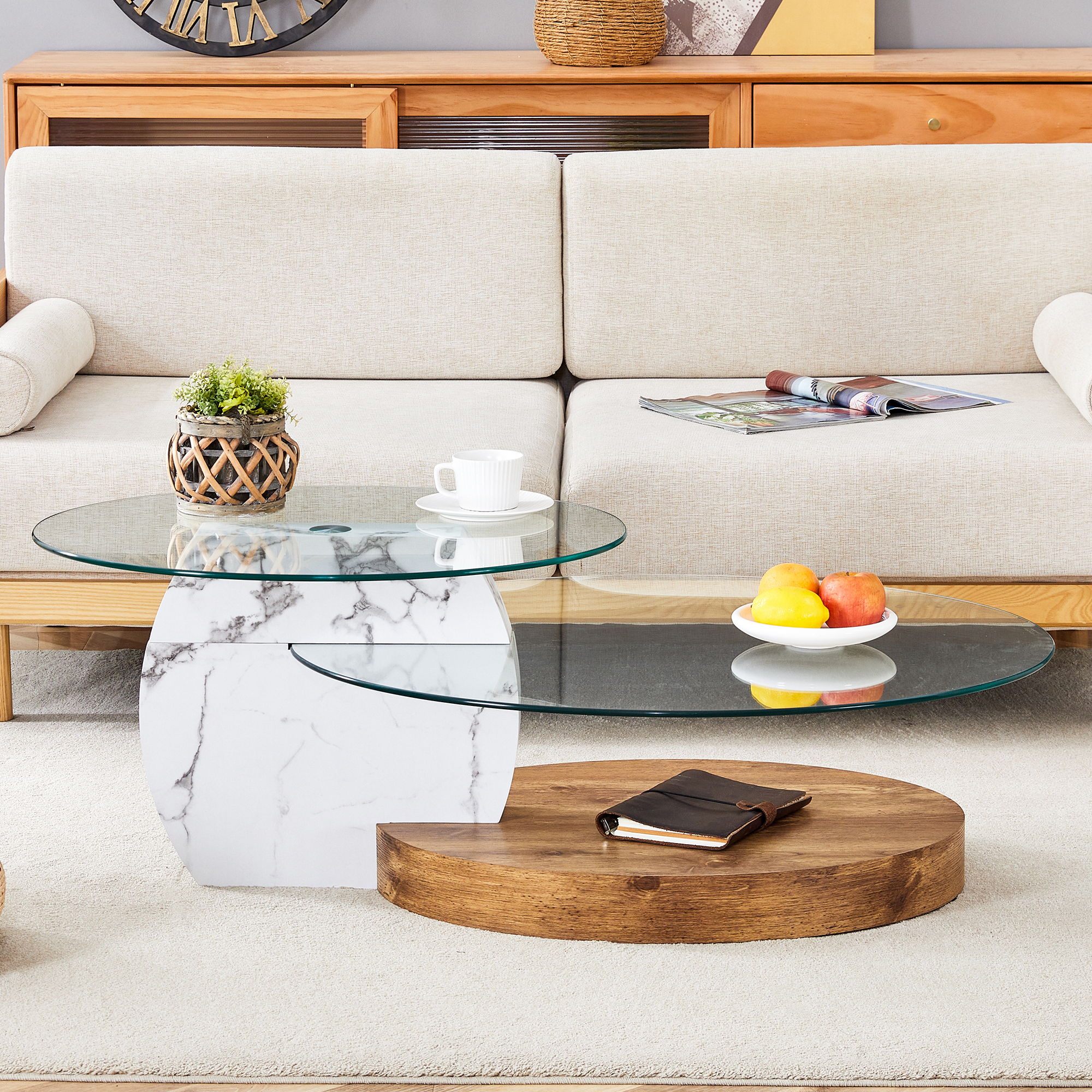 Contemporary Artistic Double Layer Coffee Table,Tempered Glass Top