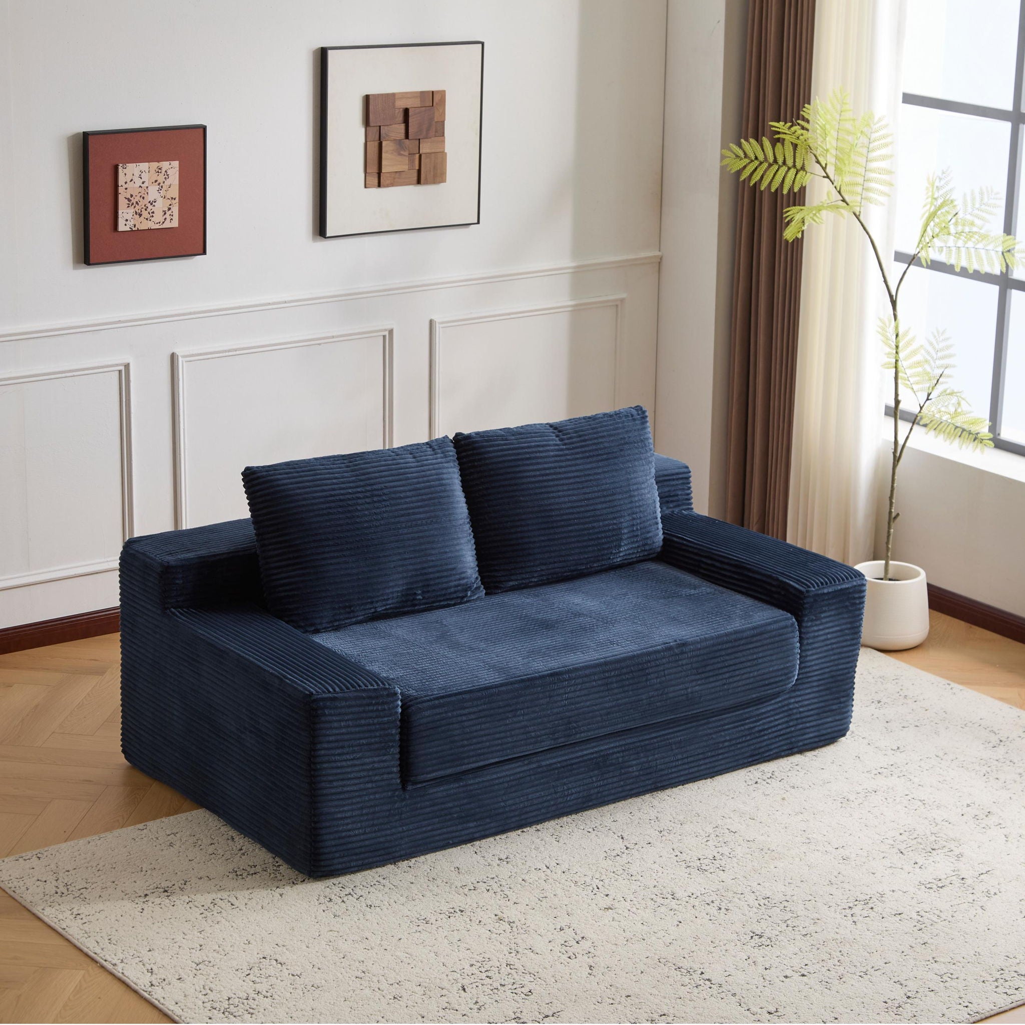 Loveseat Sofa, Comfortable Deep Seat Sofa Bed, Modern Small Corduroy Couch For Living Room Bedroom,Reversible Cushion With Pillows,No Assembly Required, Dark Blue