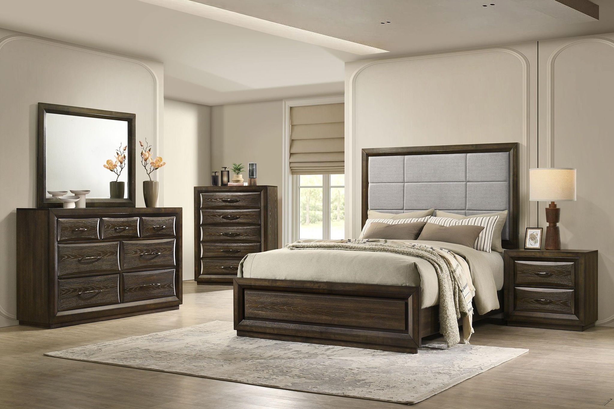 Atlas 63-inch Queen Upholstered Panel Bed Grey and Dark Oak