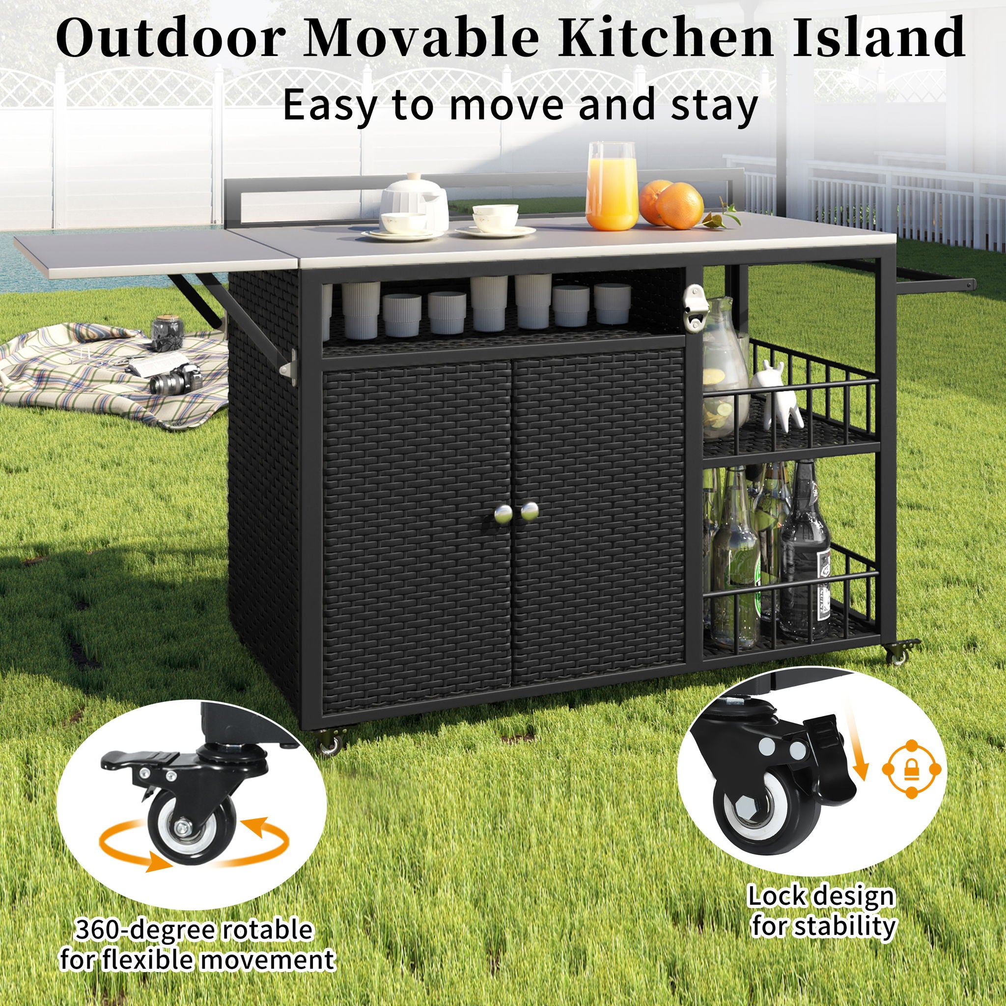 Outdoor Kitchen Island With Storage, Cooking Station, Grill Cart, Foldable Tabletop, And Bottle Opener - Dark Brown