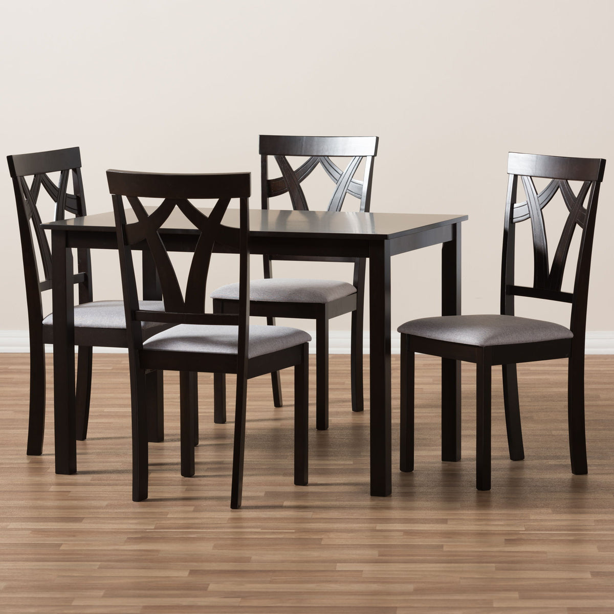 Sylvia Modern and Contemporary Grey Fabric Upholstered and Dark Brown Finished 5-Piece Dining Set