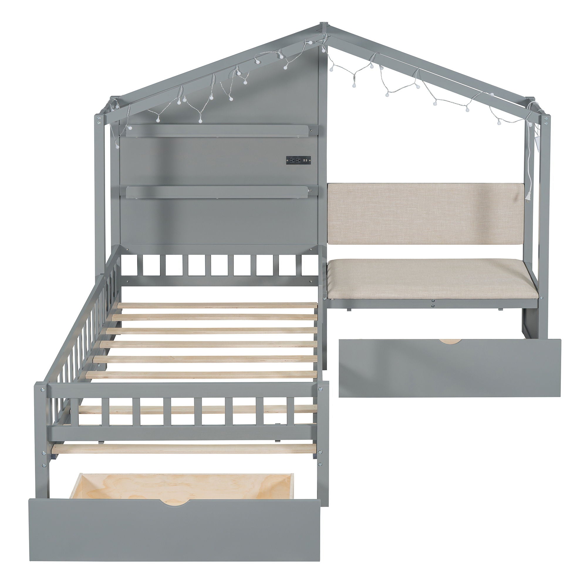 House Bed With Upholstered Sofa, Wireless Charging Station, Shelves And 2 Drawers