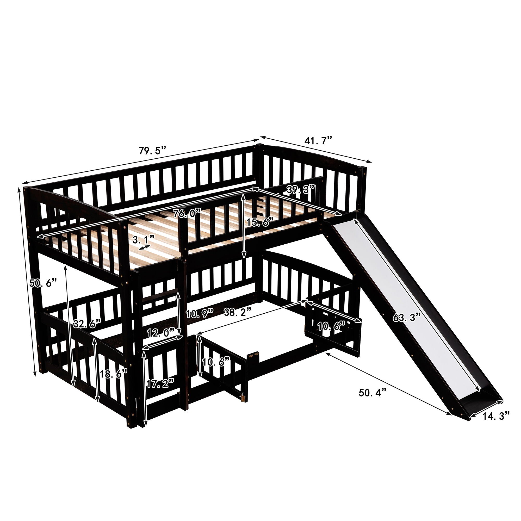 Low Bunk Bed With Slide, Fence And Ladder