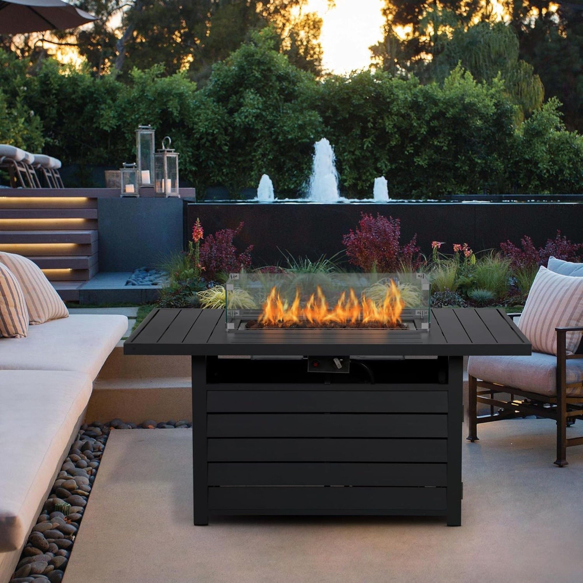 Rectangular Propane Fire Pit Table With Burner, Lava Rock, Waterproof Cover
