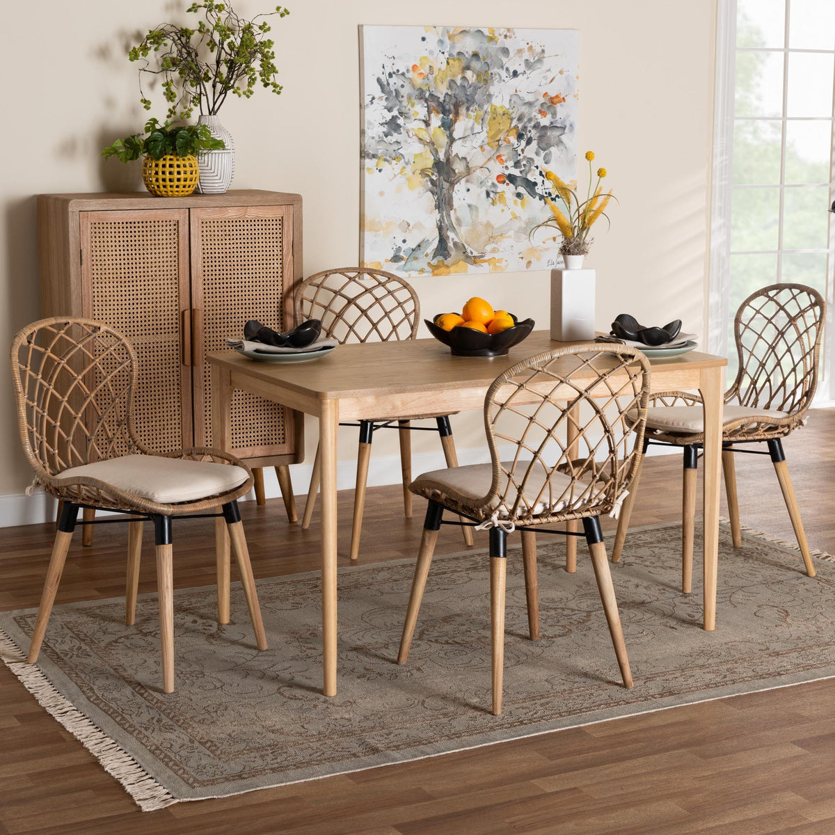 Sabelle Modern Bohemian Greywashed Rattan and Natural Brown Finished Wood 5-Piece Dining Set