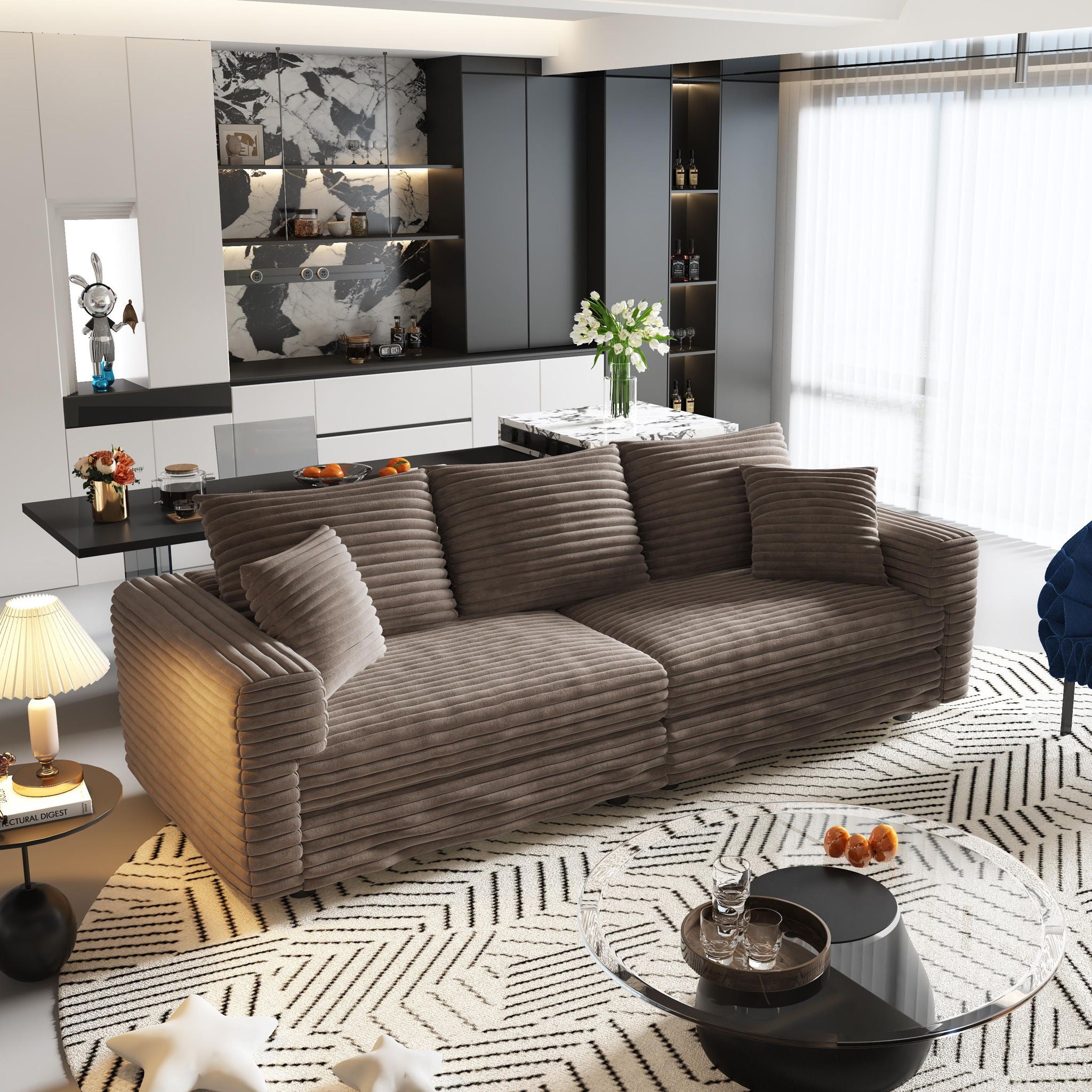 Plush Corduroy 4 Seat Sofa, Modern Comfy Upholstered Sofa Cloud Couch, Deep Seat Couches With Soft Pillows