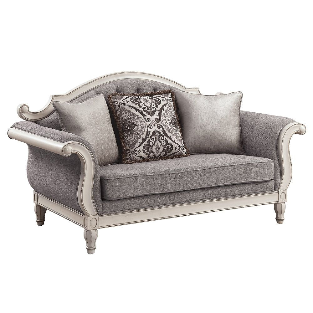 ACME Florian - Loveseat With 3 Pillows - Gray & Antique White | Meri Furniture