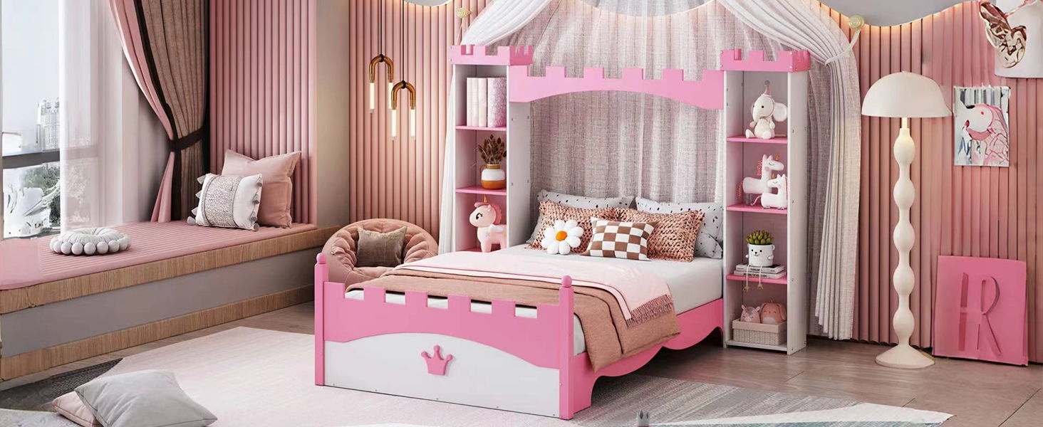 Castle Shaped Bed With Storage Shelf, Dreamy Platform Bed For Kids Bedroom