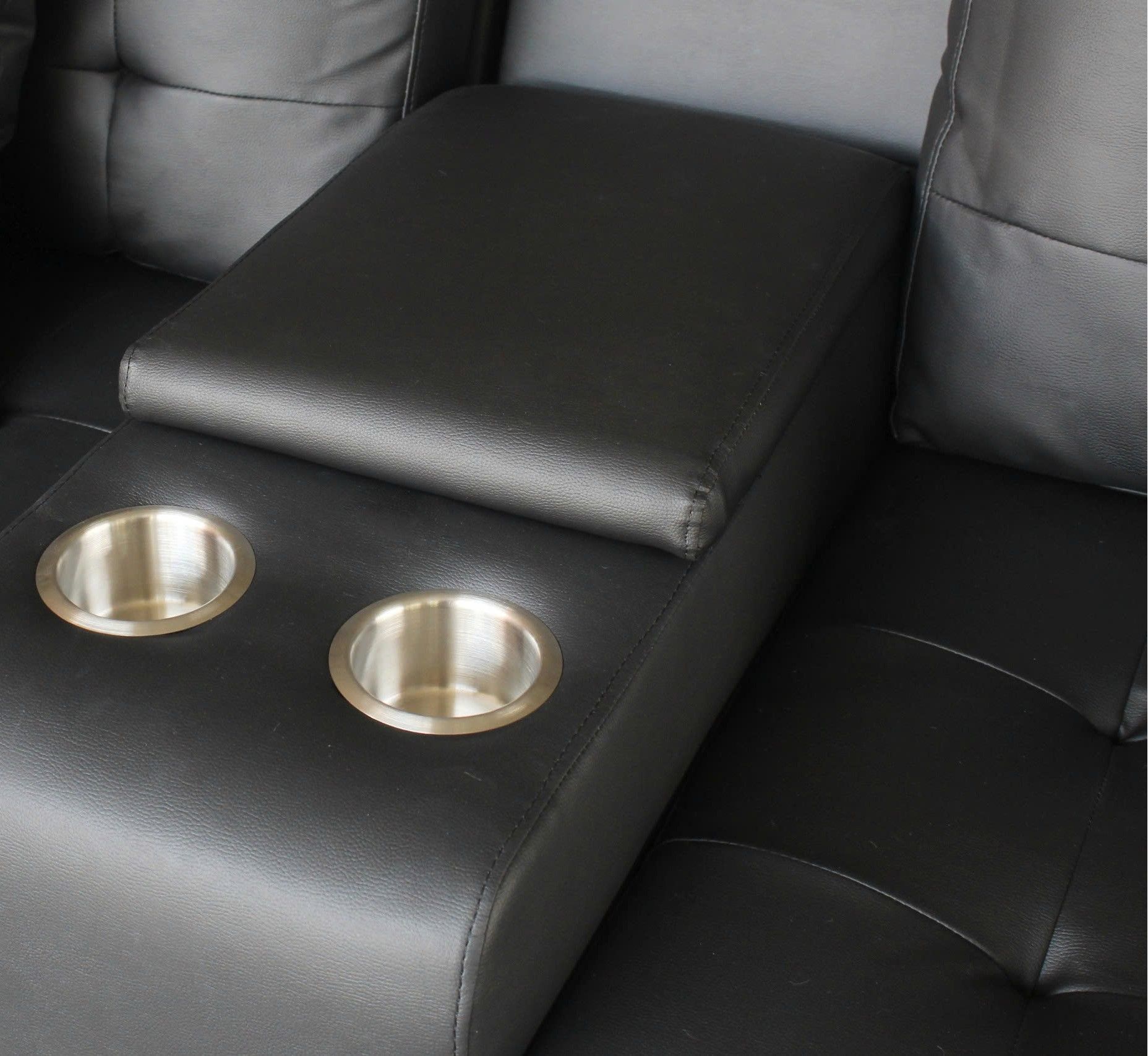 Genesis 85"W Black PVC Fabric Sofa with LED Lights, USB Charger, Storage Console, Cupholders, Tufted Cushions