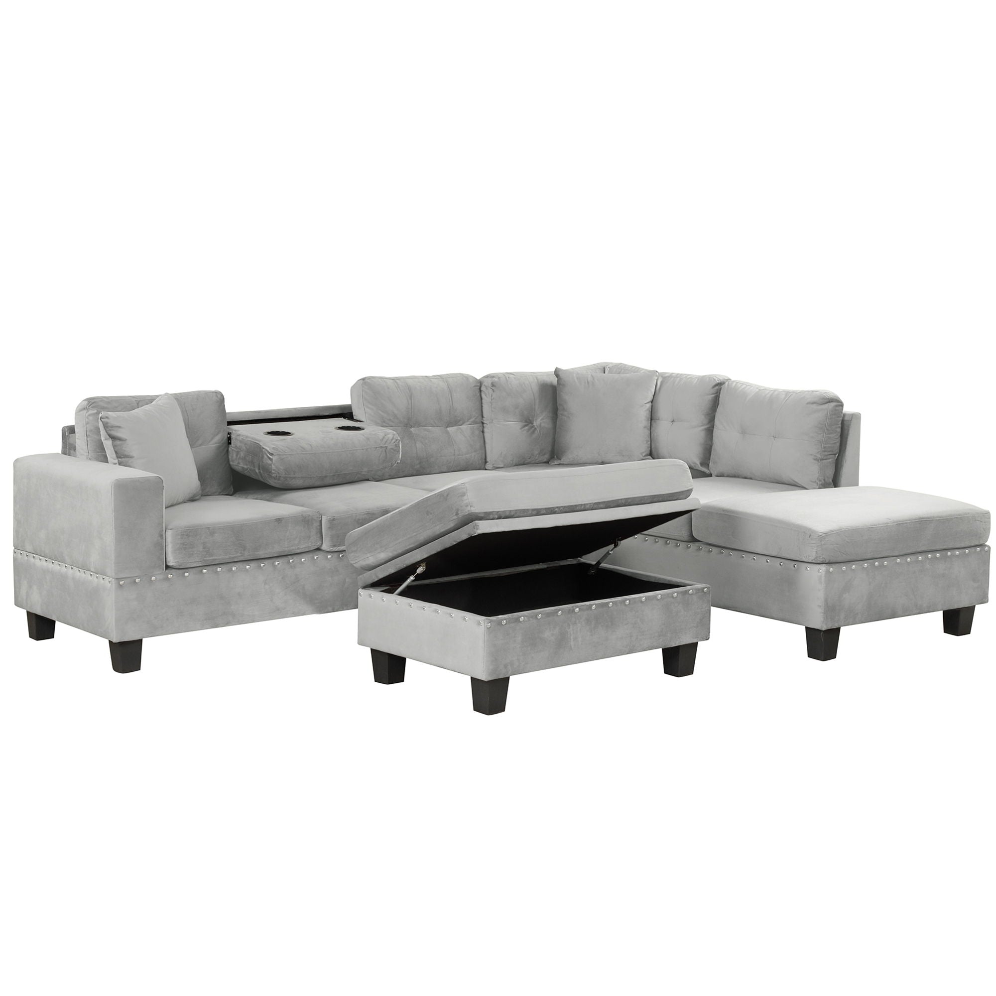 Modern Sectional Sofa With Storage Ottoman, L - Shape Couch With 2 Pillows And Cup Holders