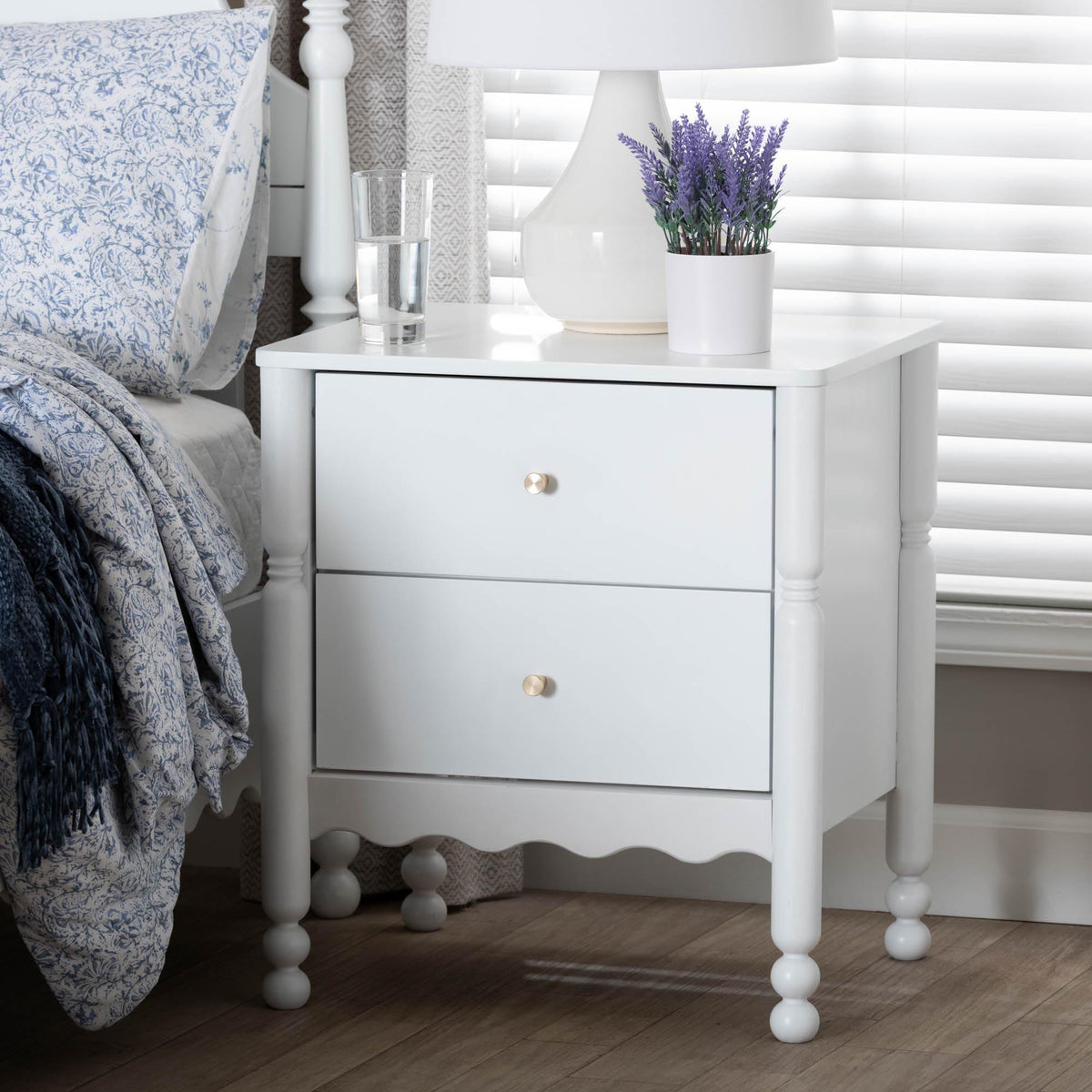 Hoffman Nightstand - 2-Drawer Bedside Table with Scalloped Apron and Turned Legs for Bedroom, White