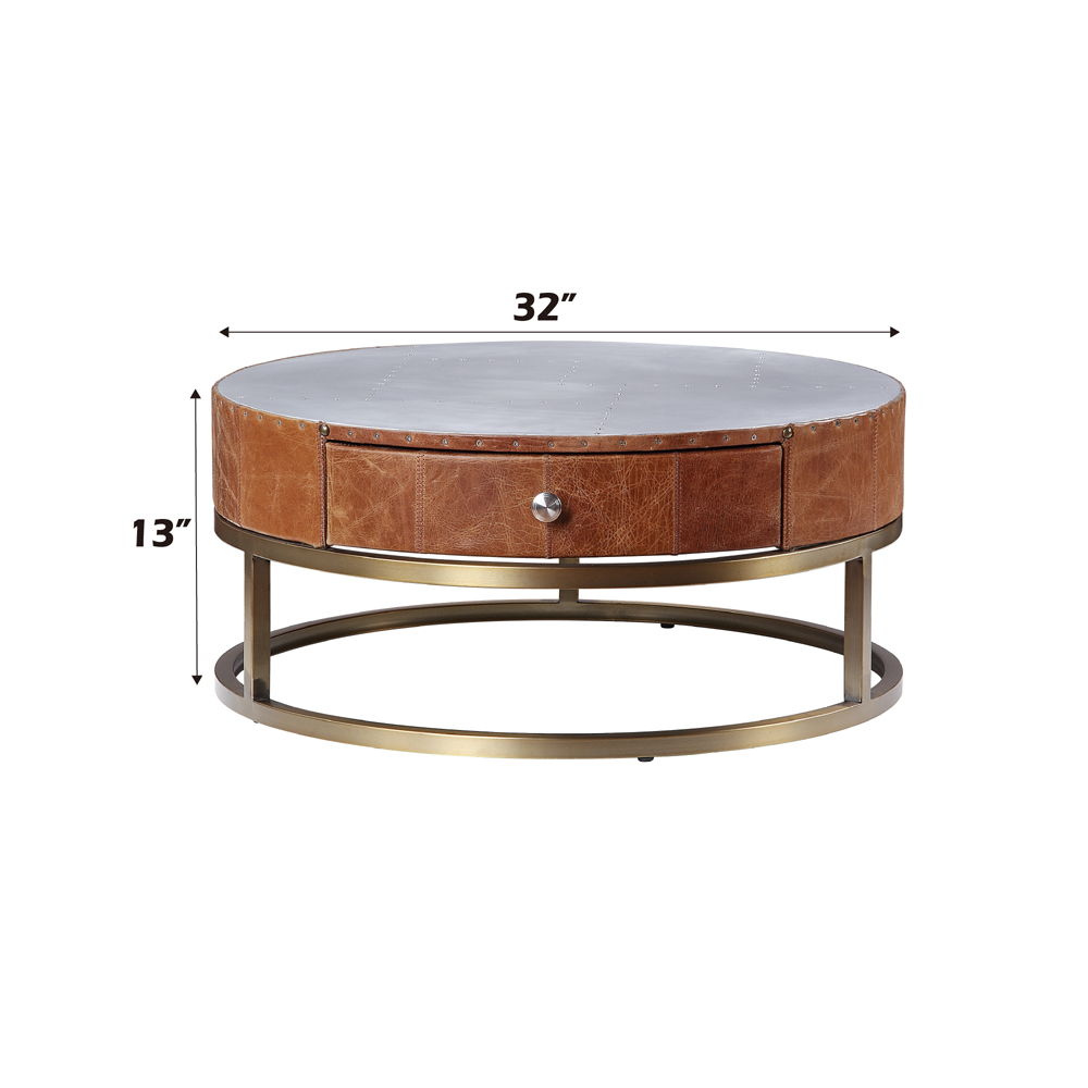 Tamas - 13" Coffee Table - Aluminum & Cocoa Top Grain Leather