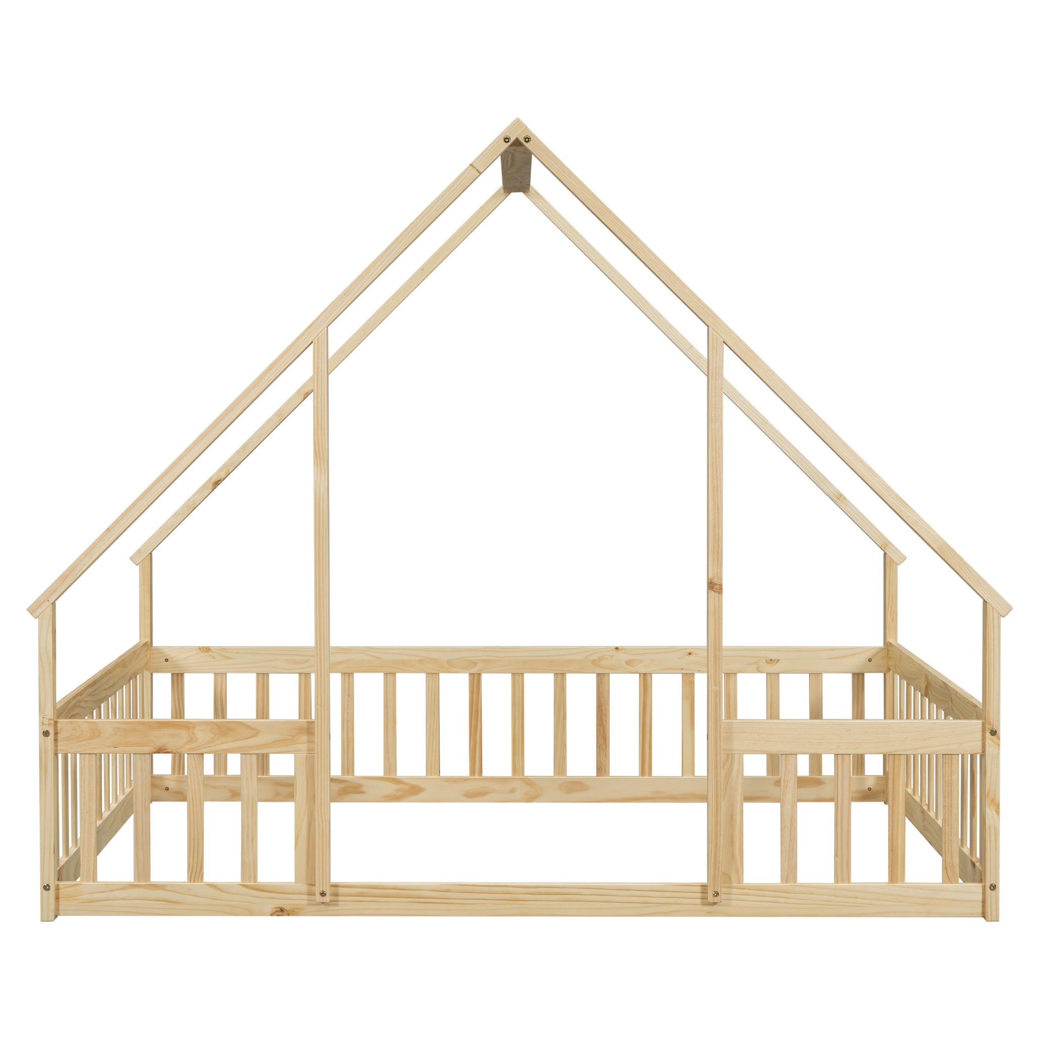 Wood House-Shaped Floor Bed With Fence, Guardrails