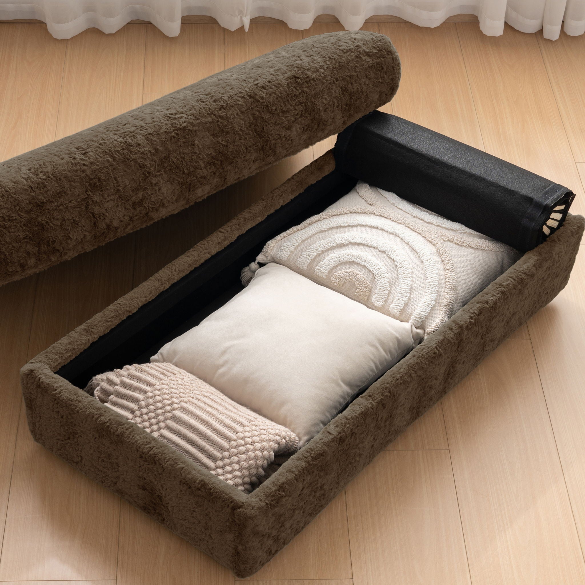 Oversized Chaise Lounge Indoor Rabbit Fur Sofa Bed With Storage Ottoman And Armrests Cup Holders With Deep Seat