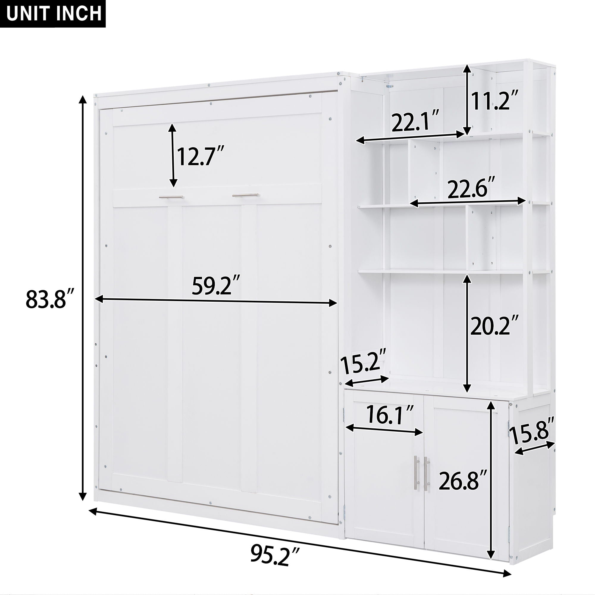Full Size Murphy Bed With Multiple Storage Shelves And A Cabinet - White