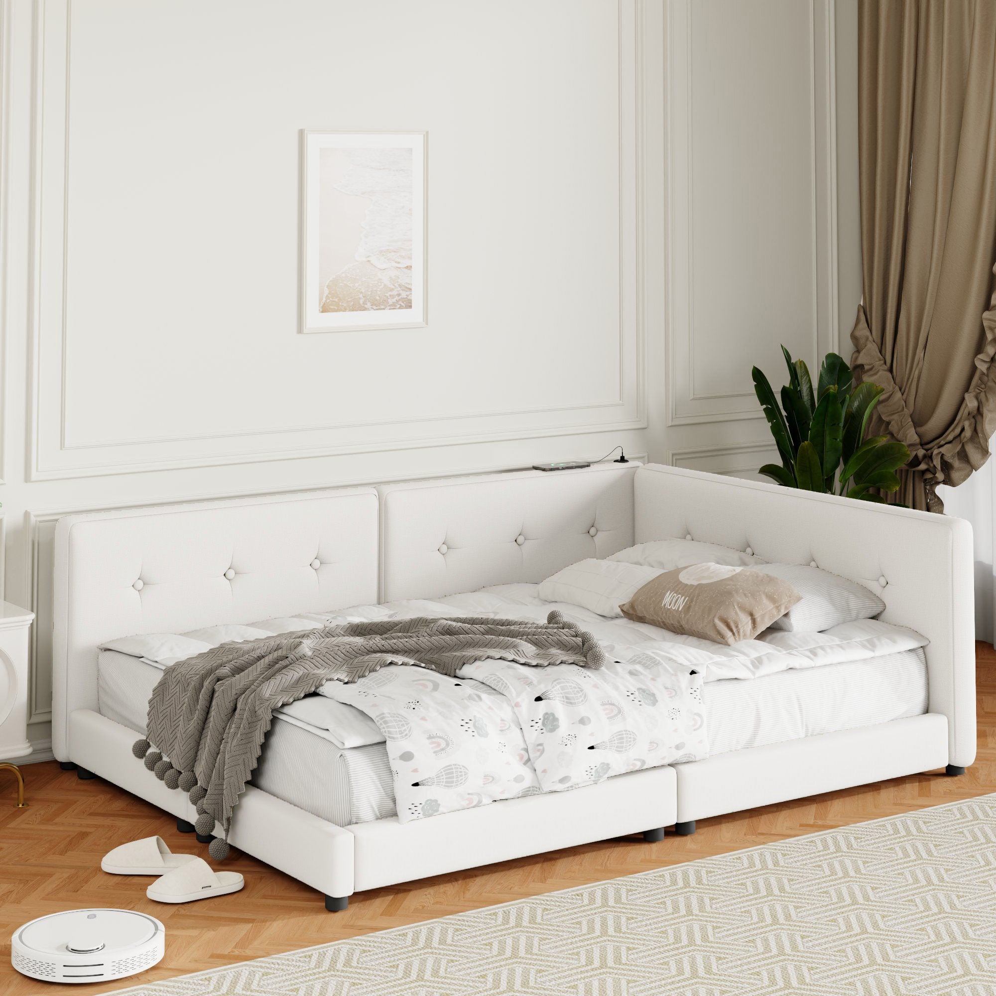 Modern Upholstered Platform Bed With USB Ports And LED Belt