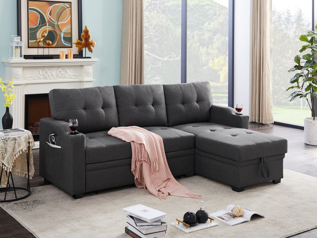 Mabel 83"W Dark Gray Linen Fabric Sleeper Sectional with cupholder, USB charging port and pocket