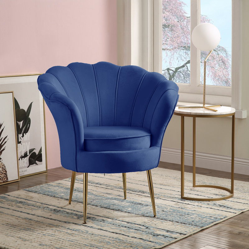 Angelina 34"W Blue Velvet Scalloped Back Barrel Accent Chair with Metal Legs