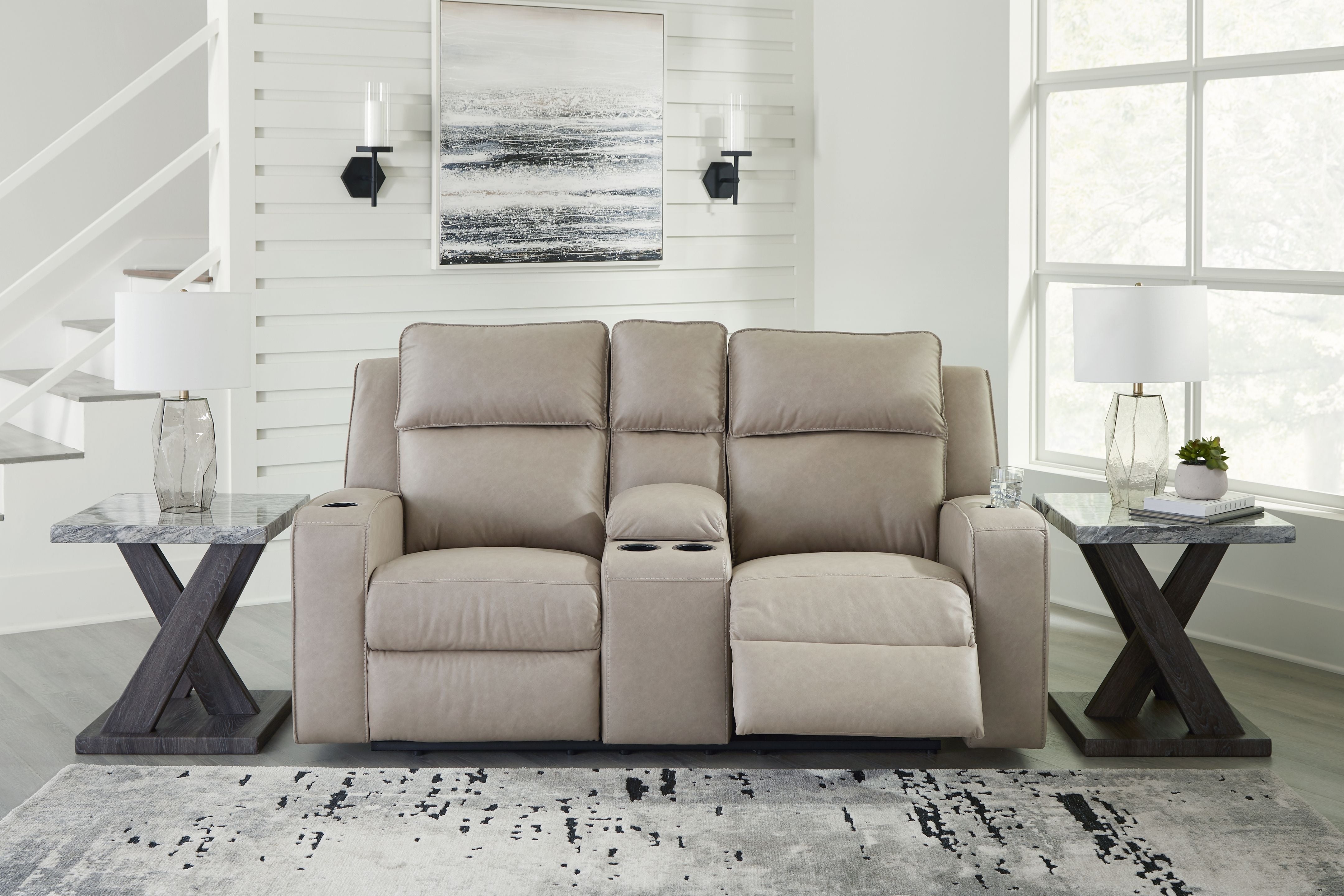 Signature Design by Ashley® Lavenhorne - Pebble - Dbl Rec Loveseat W/Console | Meri Furniture