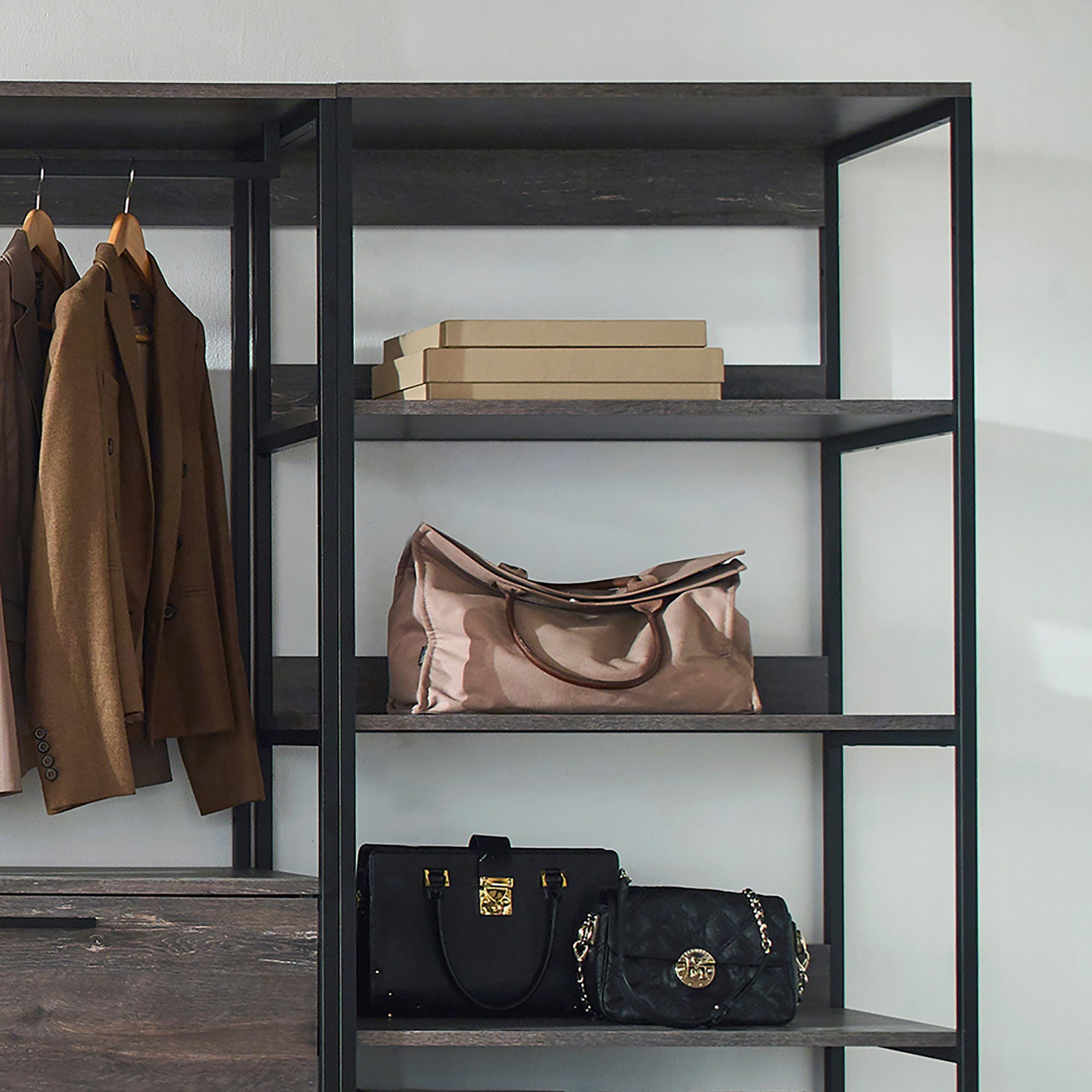 Monica - Wood Walk In Closet System, Powder Coated Metal Frame And Melamine - Rustic