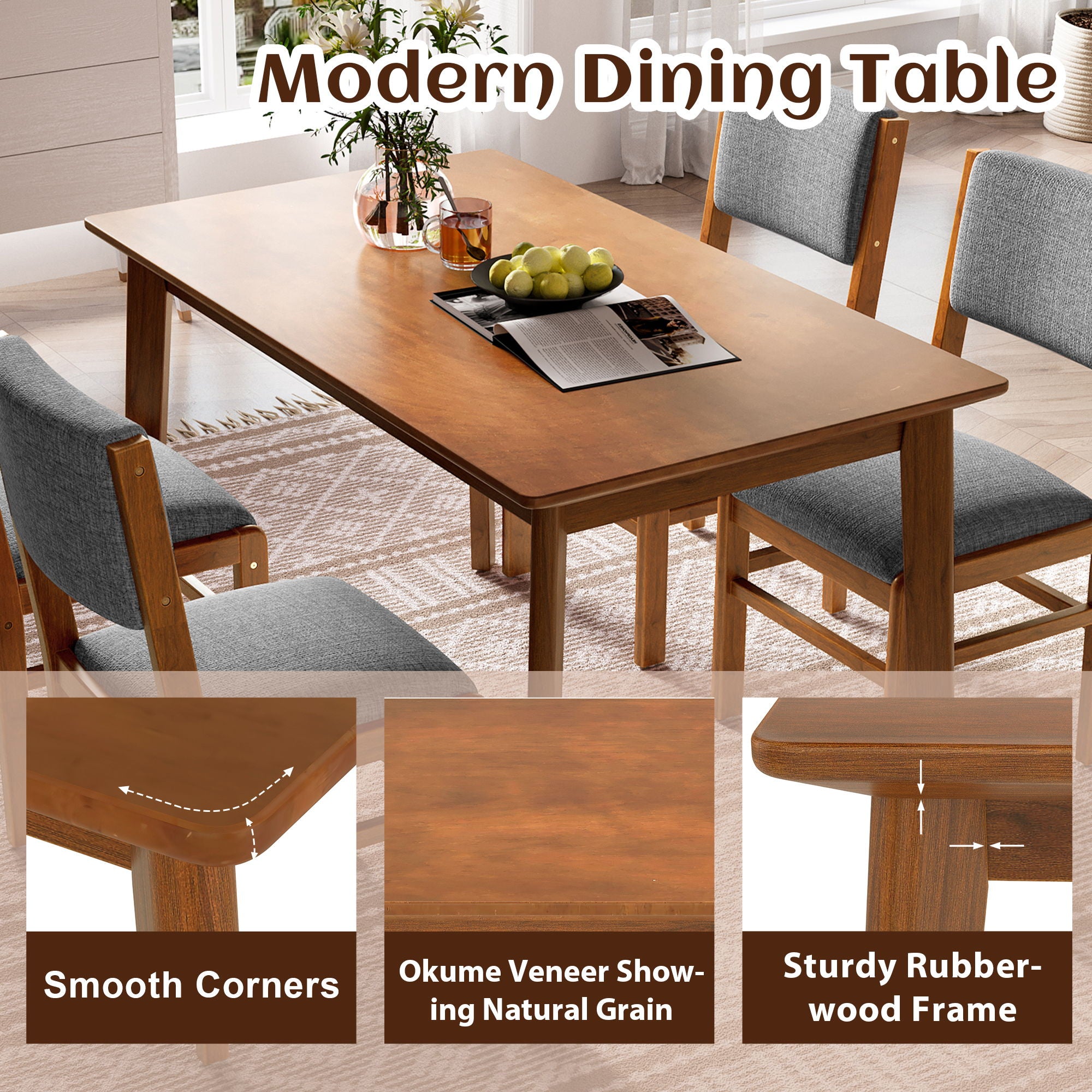 5 Pieces Rectangle Wooden Dining Table Set, Mid Century Modern Kitchen Table And 4 Upholstered Chairs For Home, Saving Space - Brown / Gray