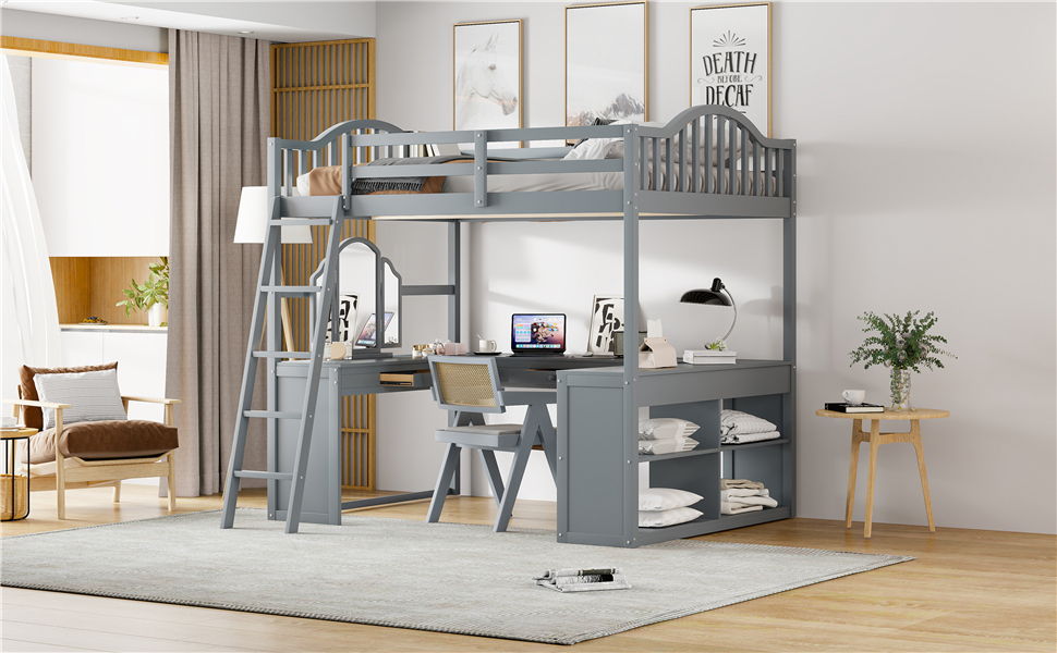 Loft Bed With Drawers, Cabinet, Shelves With Desk
