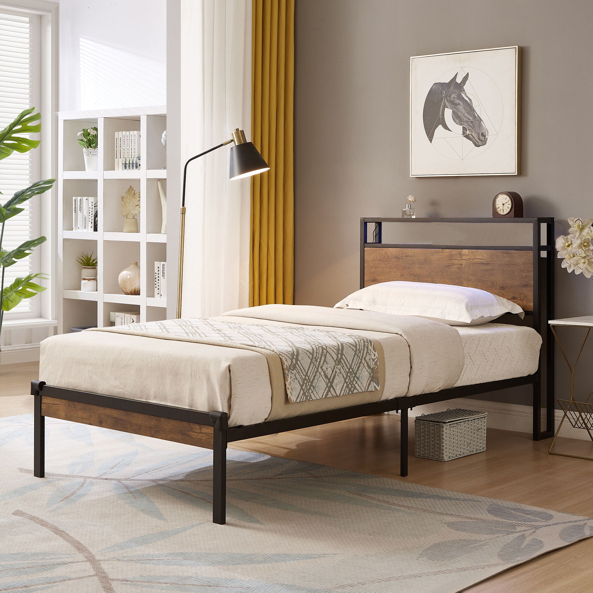 Metal Platform Bed Frame With Wooden Headboard And Footboard With USB Liner, No Box Spring Needed, Under Bed Storage