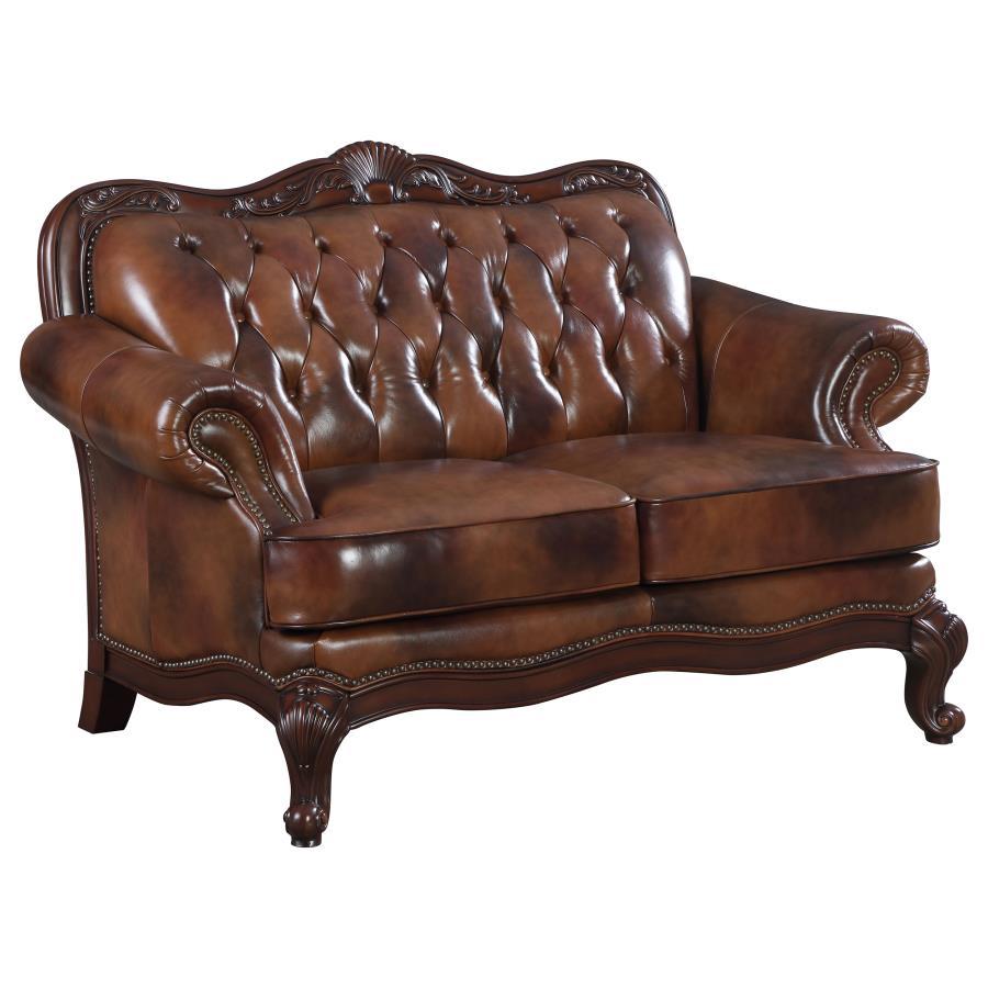 Coaster Fine Furniture Victoria - Full Leather Upholstered Rolled Arm Loveseat - Brown | Meri Furniture