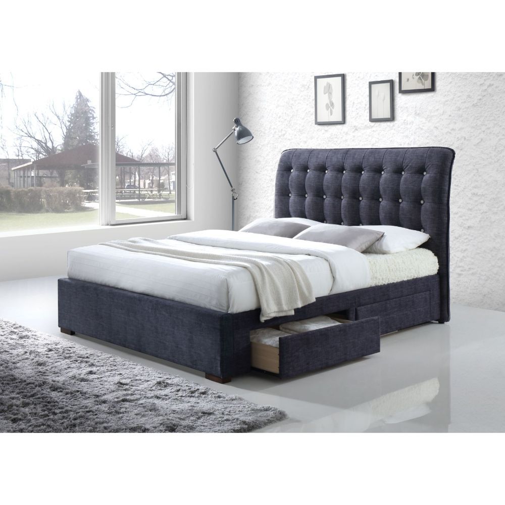 ACME The Drorit platform bed is stunning with its soft, sleigh style, button tufted headboard. This bed also features storage side rails and footboard wrapped in the same fabric. Bring a touch of class and character to your home with this remarkable bed.