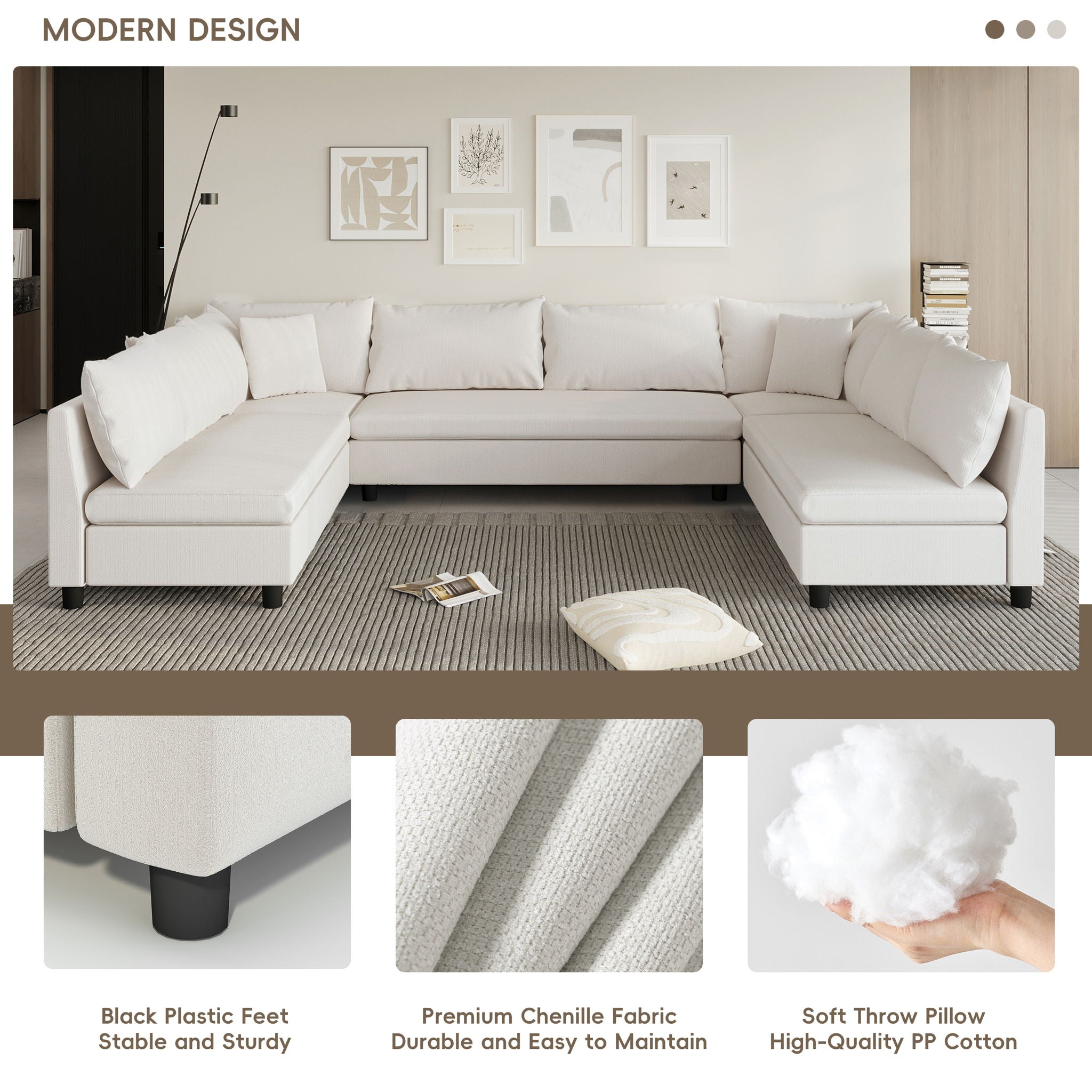 Modular Sectional Reversible U Shaped Couch Set, Free Combination Minimalist Style Oversized 8 Seat Convertible Sofa