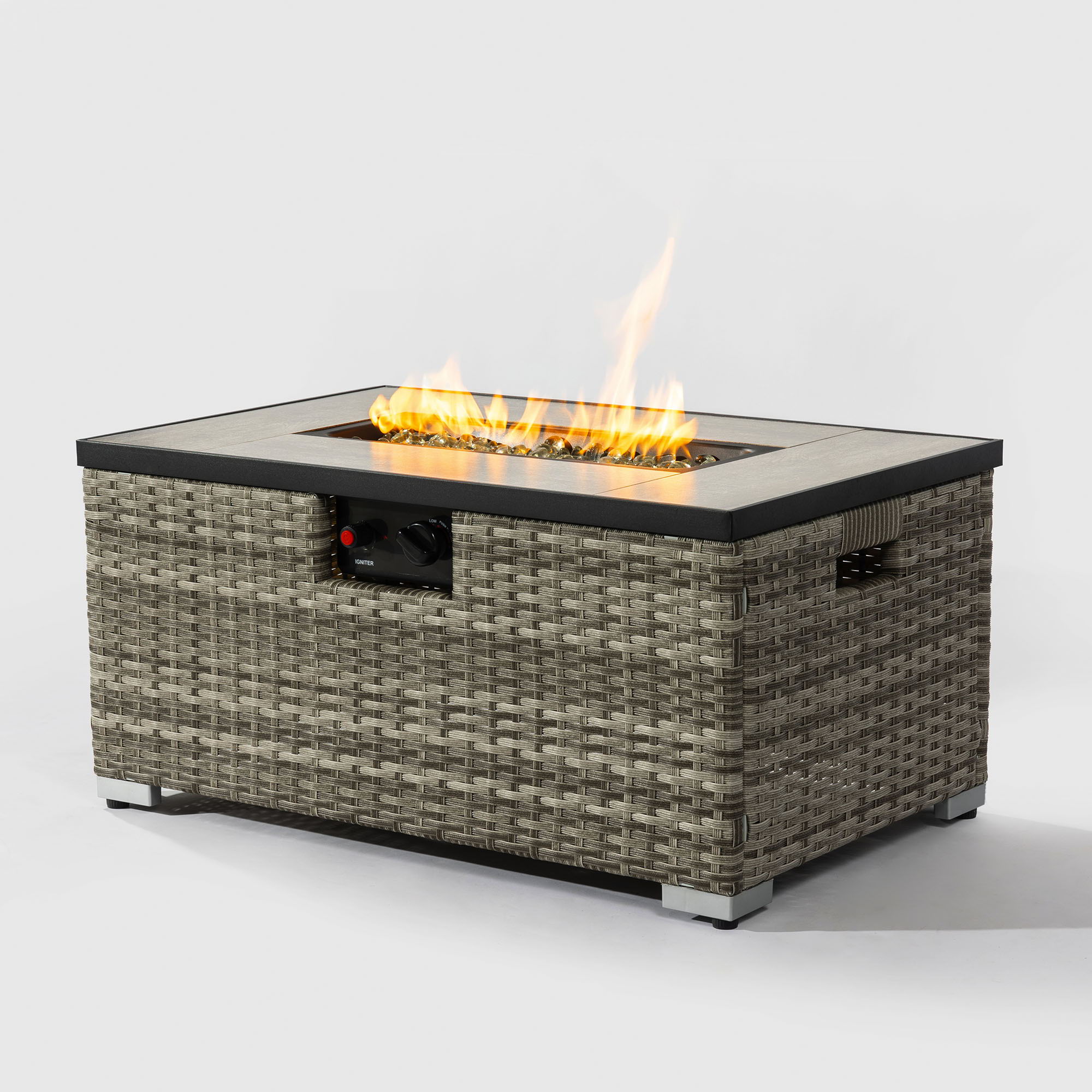 32" Propane Gas Fire Pit Table With Propane Tank Cover, 50000 Btu Rectangular Steel Fire Pit With Beautiful Wicker Base