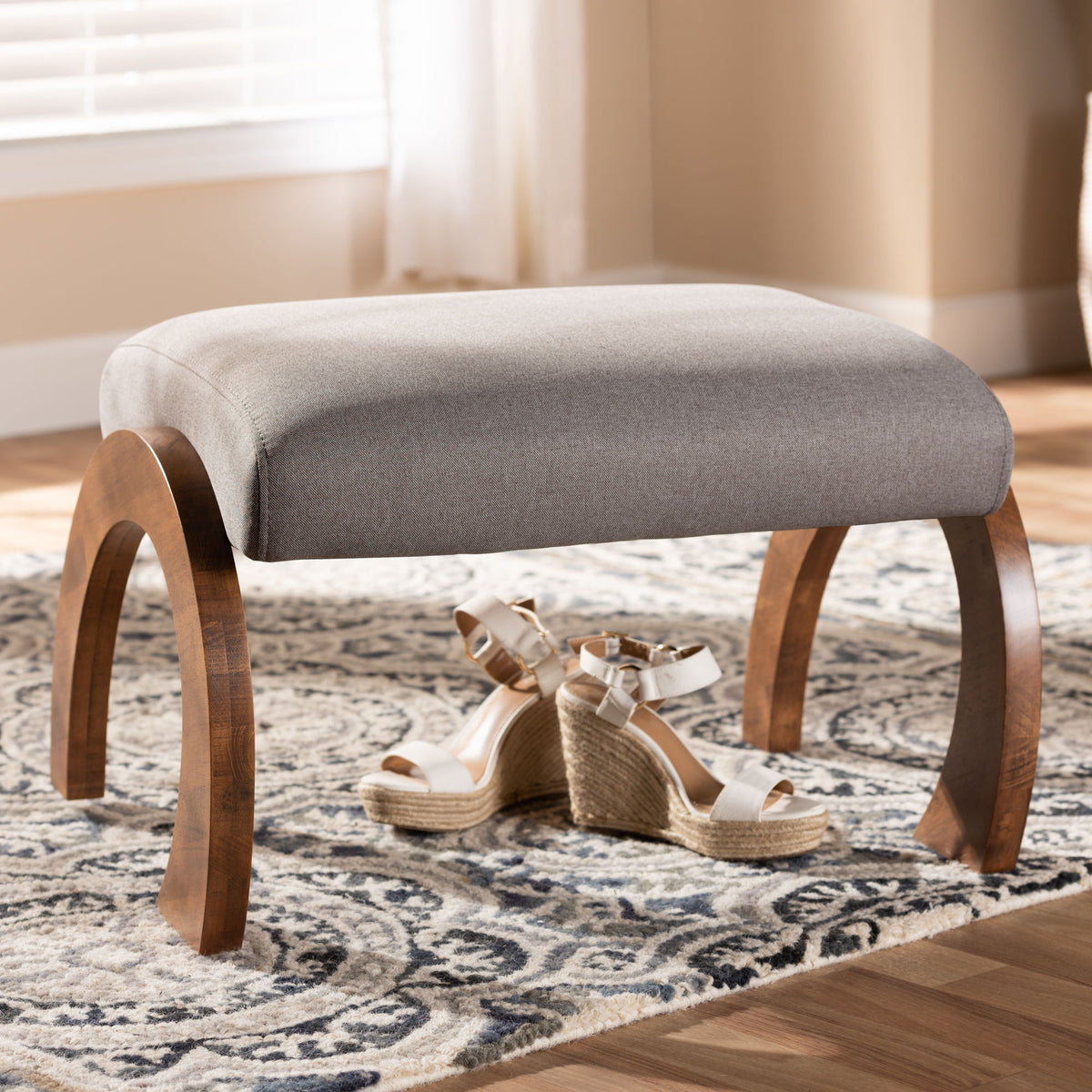 Sandrine Modern and Contemporary Grey Fabric Upholstered Walnut Brown Finished Wood Ottoman
