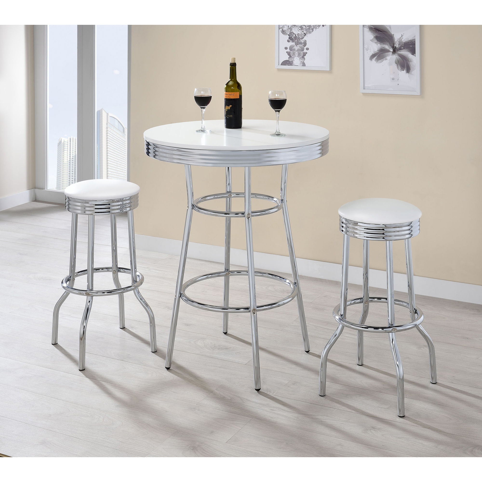 Midge - 3 Piece Round 1950S Bistro Pub Bar Table Set With Upholstery - White